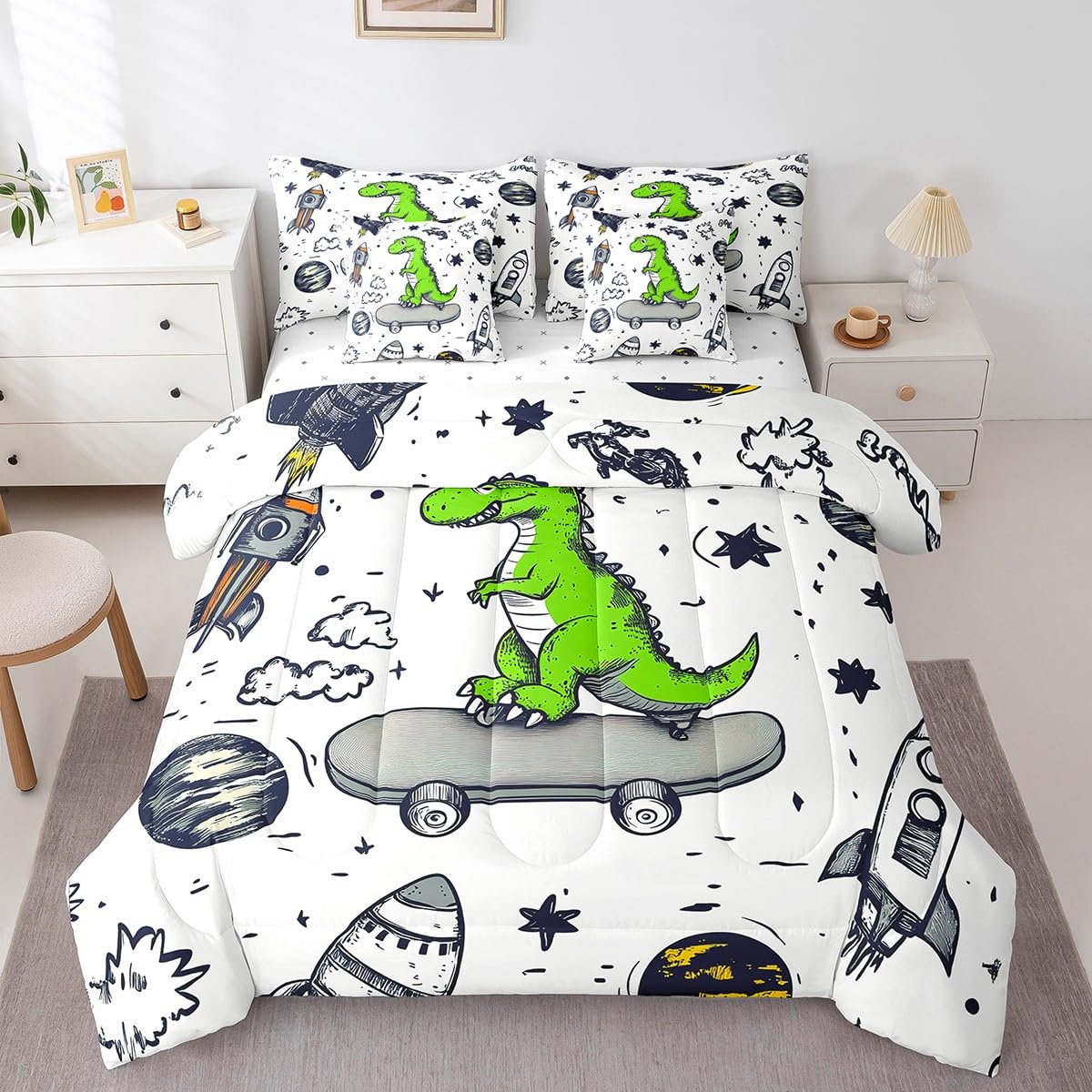Erosebridal Green Dinosaur Comforter Set 7 Piece Bed in a Bag Twin,Cartoon Dino Kawaii Bedding Sets Cute Wild Animals Sheet Set with Comforter,Galaxy Stars Rocket Bed Set