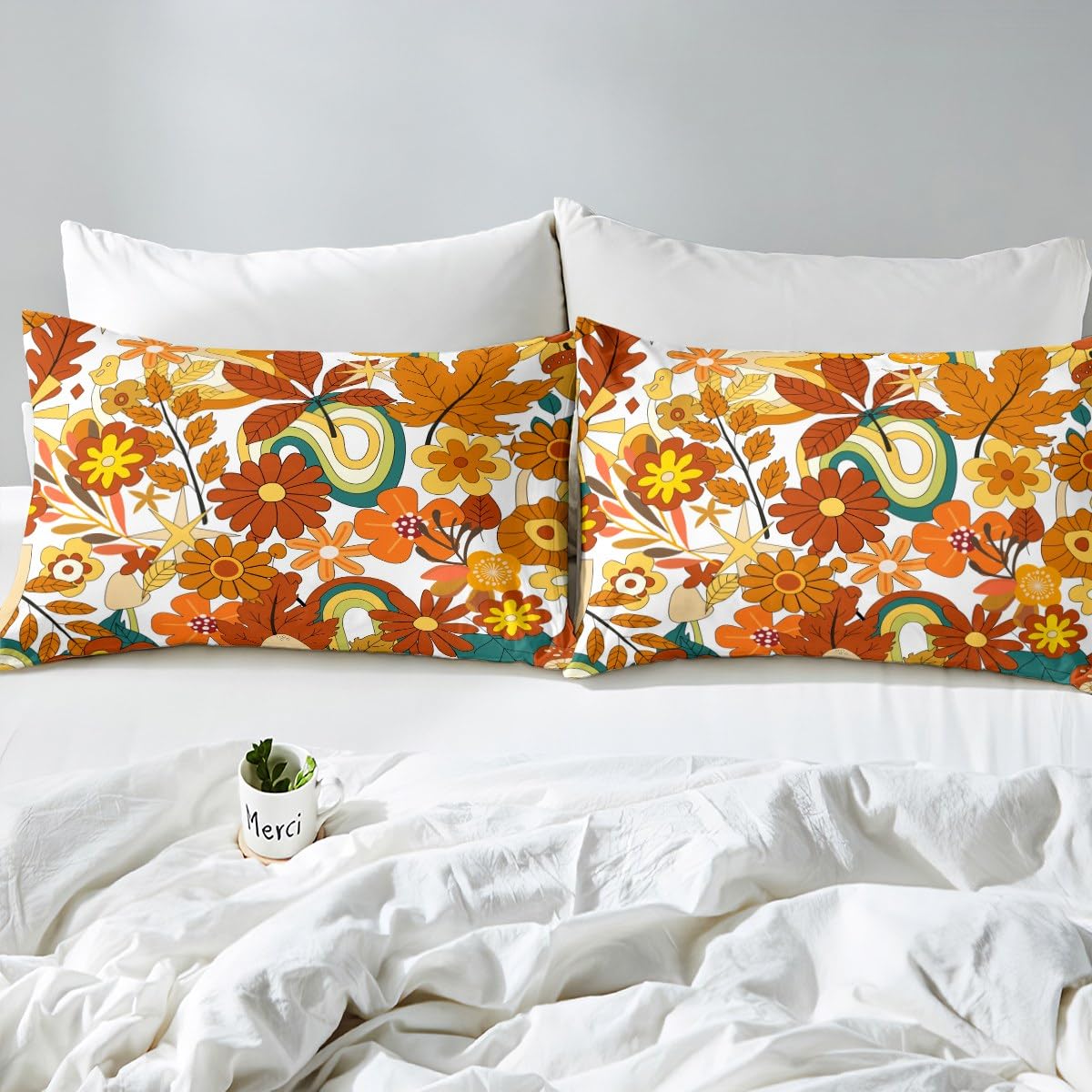 70S Groovy Hippie Flower Bed Sheets Girls Boho Rainbow Leaves Mushroom Pumpkin Flowers Sheet Set Full,Vintage Wavy Floral Bedding Set Aesthetic Psychedelic Fitted Sheet + Flat Sheet + 2 Pillow Cases