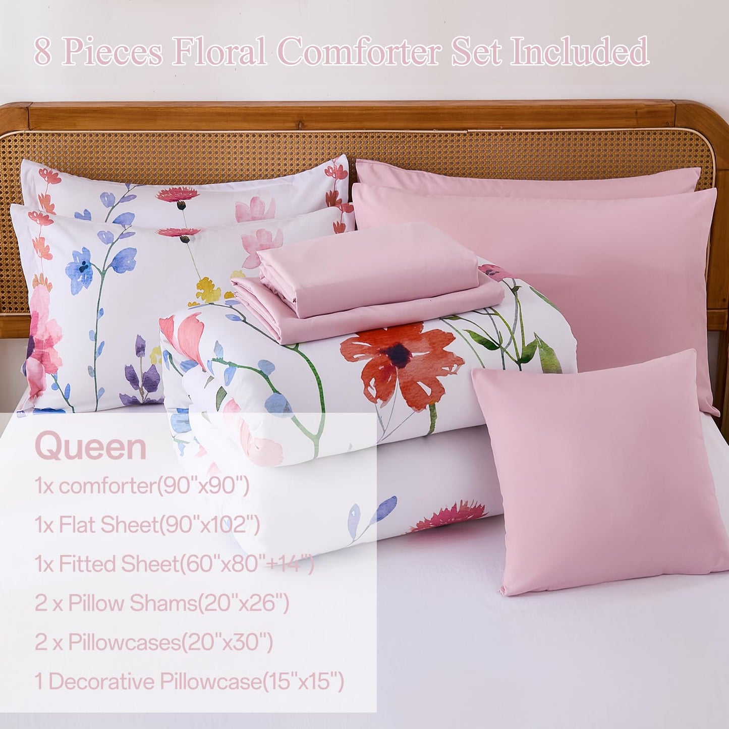 Annibedding Pink Floral Queen Comforter Set, 8 Piece Soft Microfiber Flower Bed in a Bag Bedding Set with Pillowcase and Sheets for All Season (90"x90")