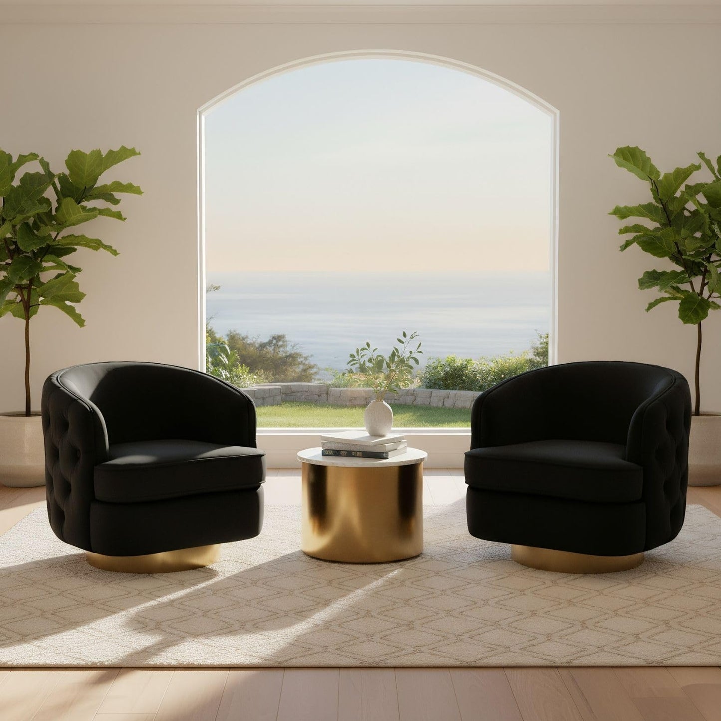 Hyfirm Set of 2 Modern Black Swivel Accent Chairs, 360° Velvet Barrel Chairs with Hand-Tufted Back, 6" Thick Cushion, Upholstered Round Armchairs with Gold Metal Base for Living Room Bedroom