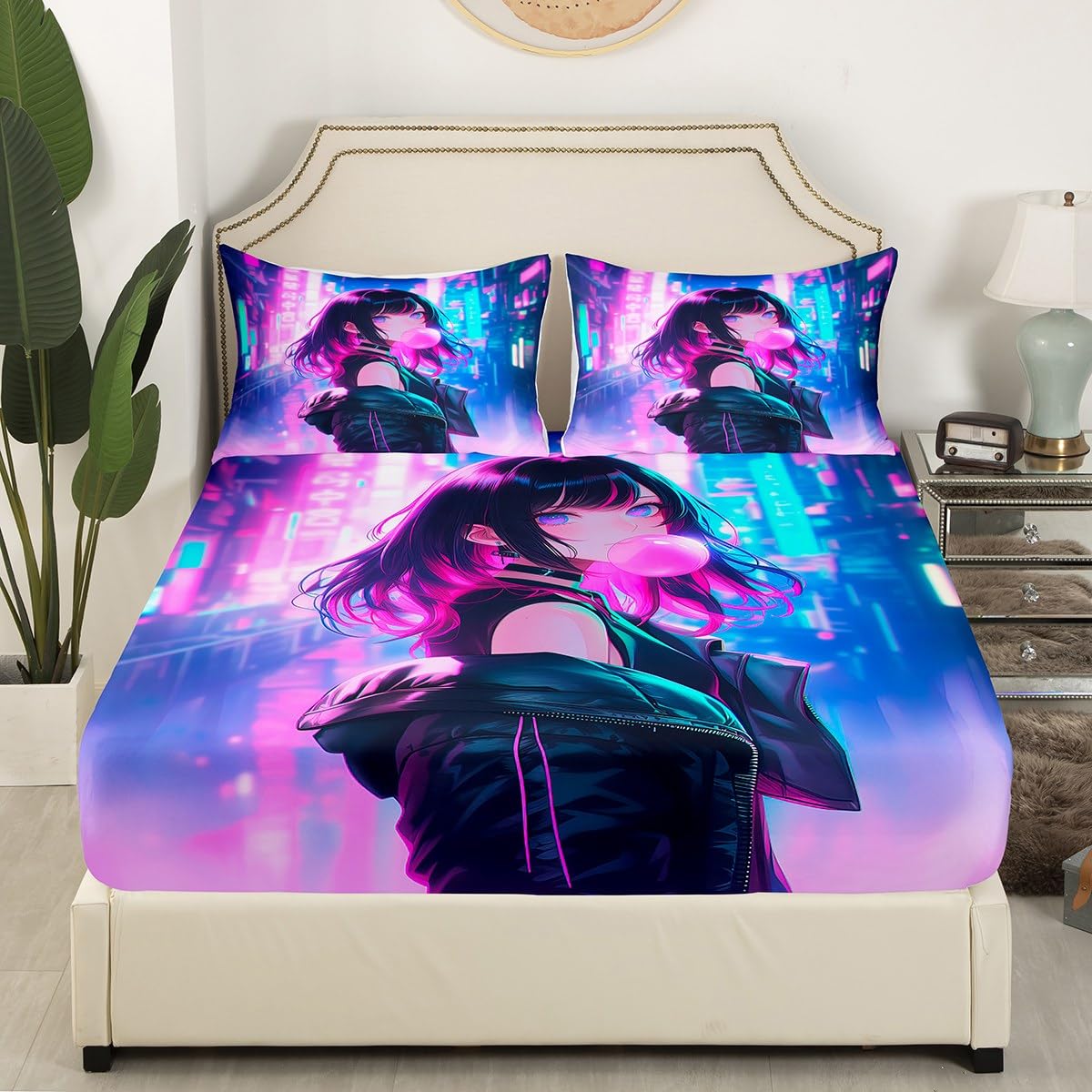Erosebridal Anime Girl Bedding Set Full Size, Kawaii Japanese Anime Bed Sheets for Kids Boys Teens Adult Women, Cartoon Girl Fitted Sheet Japan Animation Bedroom Decor, Machine Washable