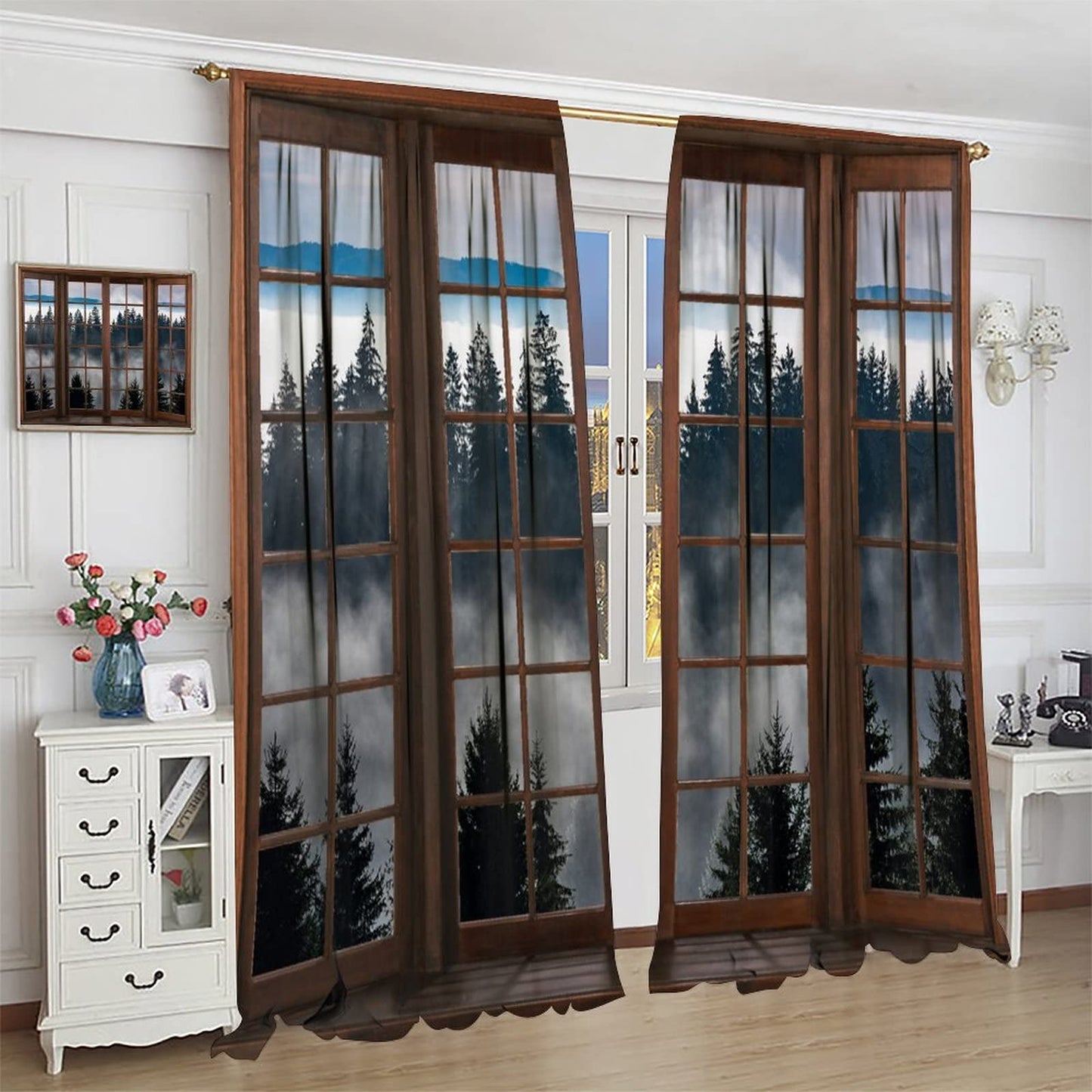 Misty Forest Landscape Curtains, Wooden Window Forest Mountain Rustic Bedroom Living Room Kitchen Blackout Curtains 42x45 Inch