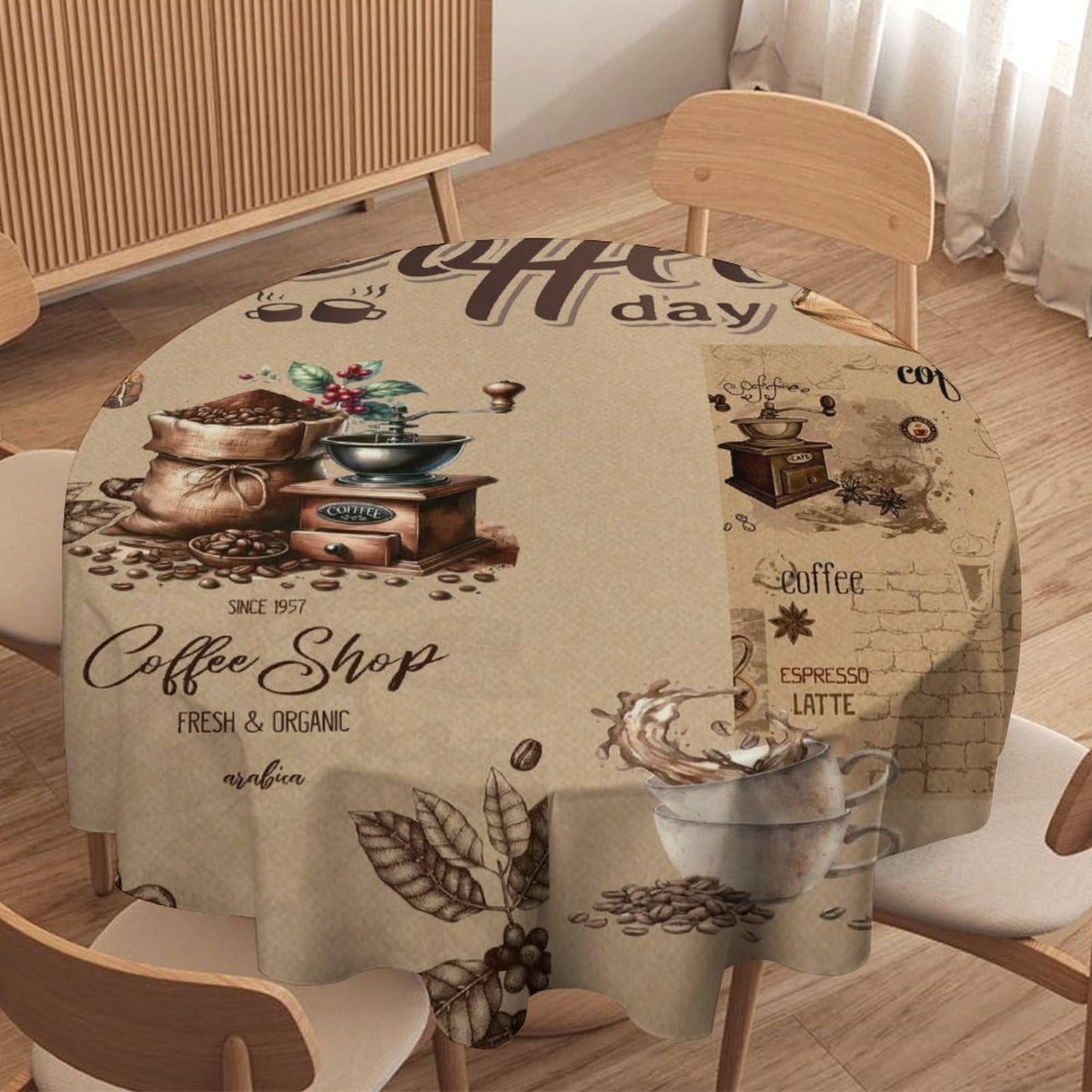 GoDazzling Coffee Modern Kitchen Round Tablecloth, Retro Country Brown Coffee Latte Bean Pattern Print Tablecloth for Home Party Dining Room Kitchen Decor 36Inch(90cm)