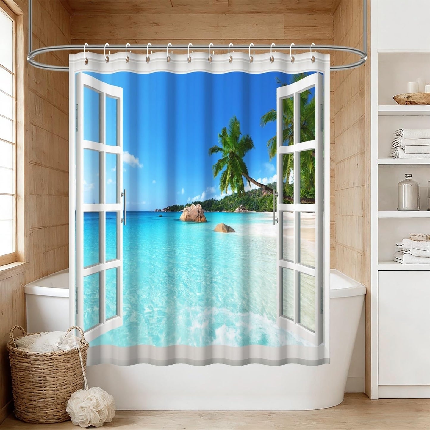 Yeele Ocean Beach Fake Window Shower Curtain, Tropical Seascape Bathroom Decor, Machine Washable Decorative Bath Curtain 60x72 Inch with Hooks
