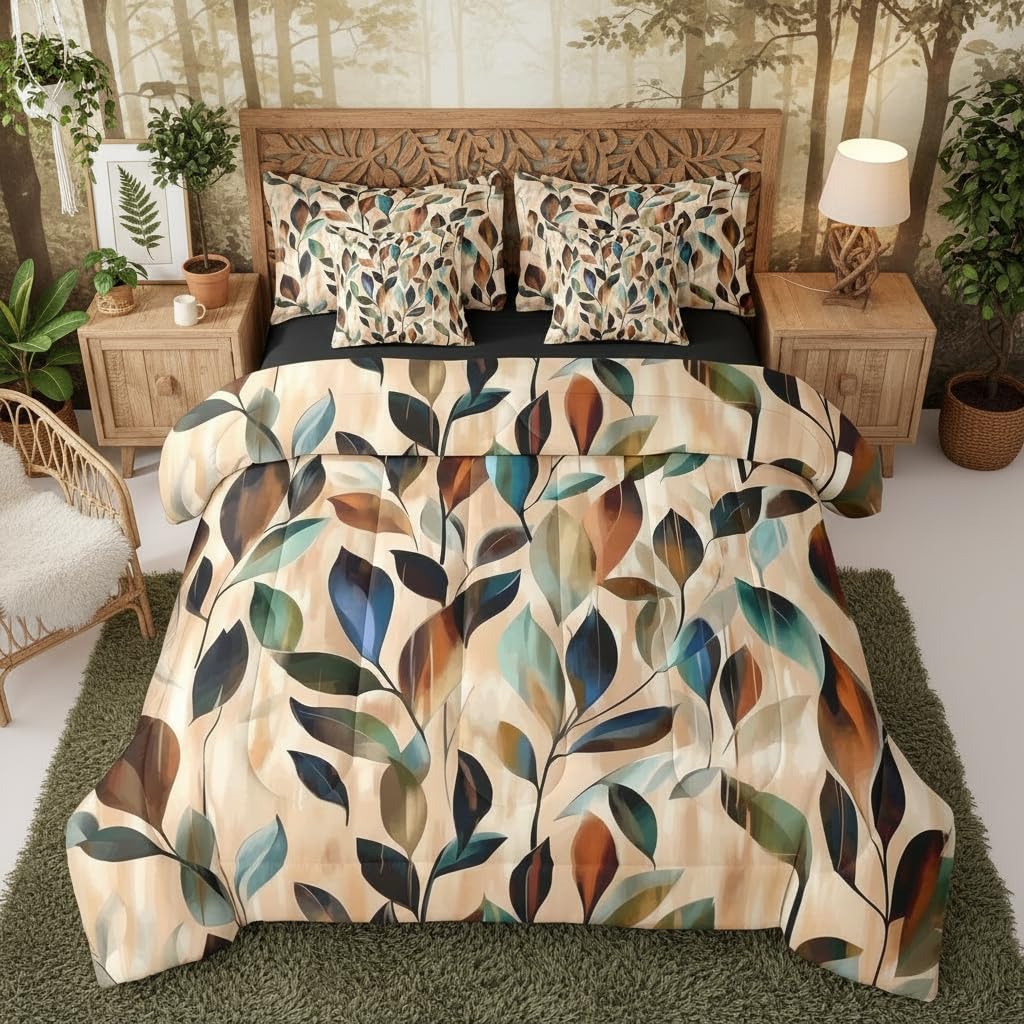 Erosebridal Leaves 7 Pcs Bedding Set Queen Vibrant Floral Comforter Set with Sheets Boho Farmhouse Bed in A Bag Retro 70S Theme Bedroom Decor