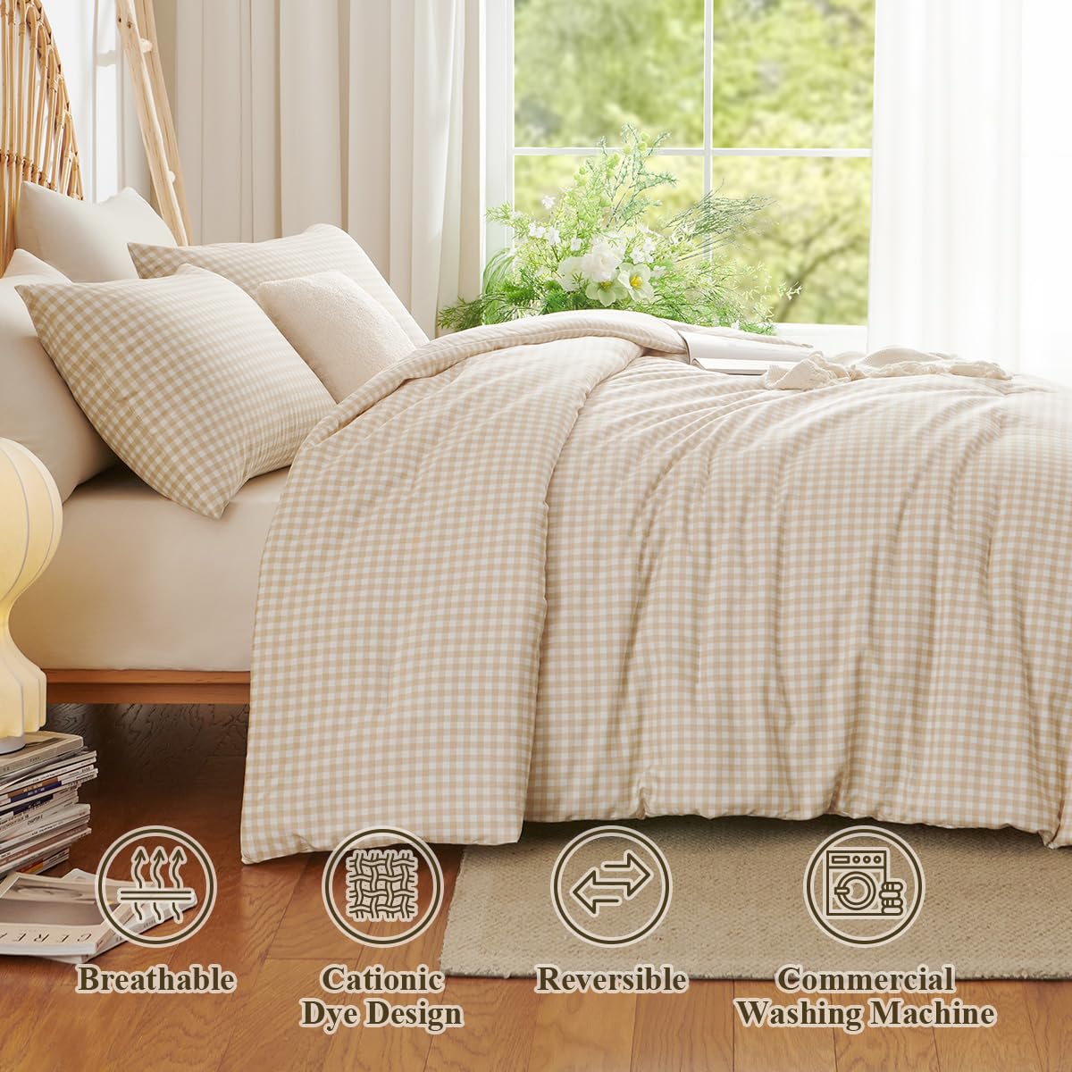 Erwinmu Gingham Comforter Set King Size - 3 Pieces Beige White Gingham Comforter Bedding Sets Checkered Pattern,Kingsize Bed in a Bag with Plaid Comforter and 2 Pillowcases