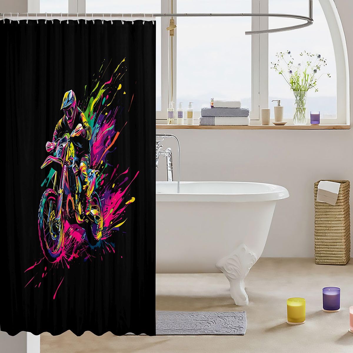 Feelyou Dirt Bike Shower Curtain for Bathroom Decor Racing Motocross Rider Bath Curtain for Stalls Bathtubs Motorcycle Bathroom Accessories Waterproof Polyester Fabric with 12 Hooks 72"x78"