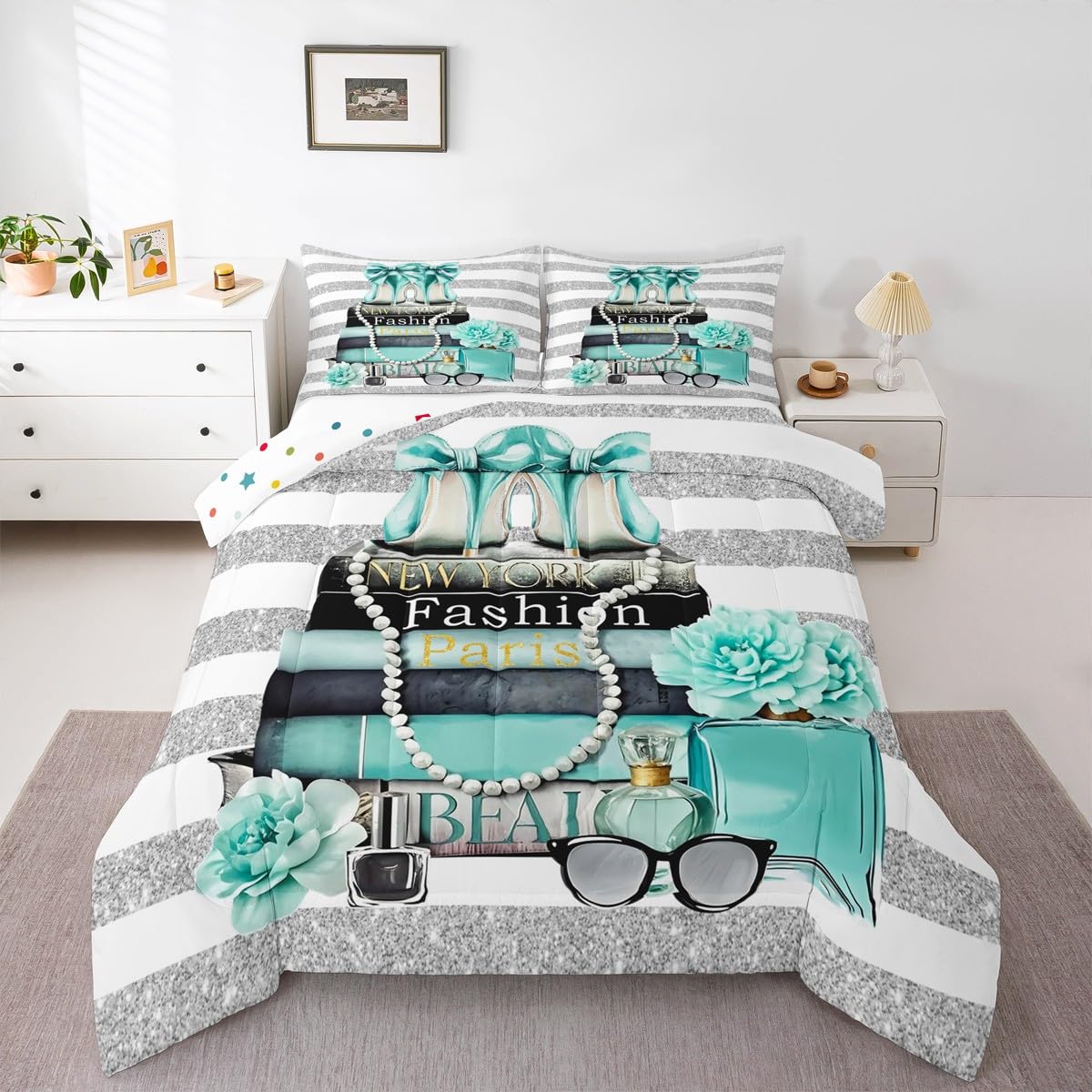 Erosebridal Paris Fashion Women Comforter King Size Teal Silver Modern Bedding Set for Kids Girls Teens Magazine White Stripe Girly Down Comforter Turquoise Rose Flower High Heel Makeup Duvet Insert