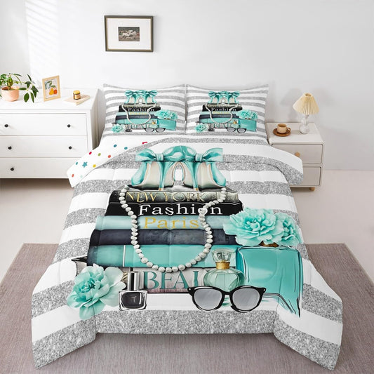 Erosebridal Paris Fashion Women Comforter King Size Teal Silver Modern Bedding Set for Kids Girls Teens Magazine White Stripe Girly Down Comforter Turquoise Rose Flower High Heel Makeup Duvet Insert