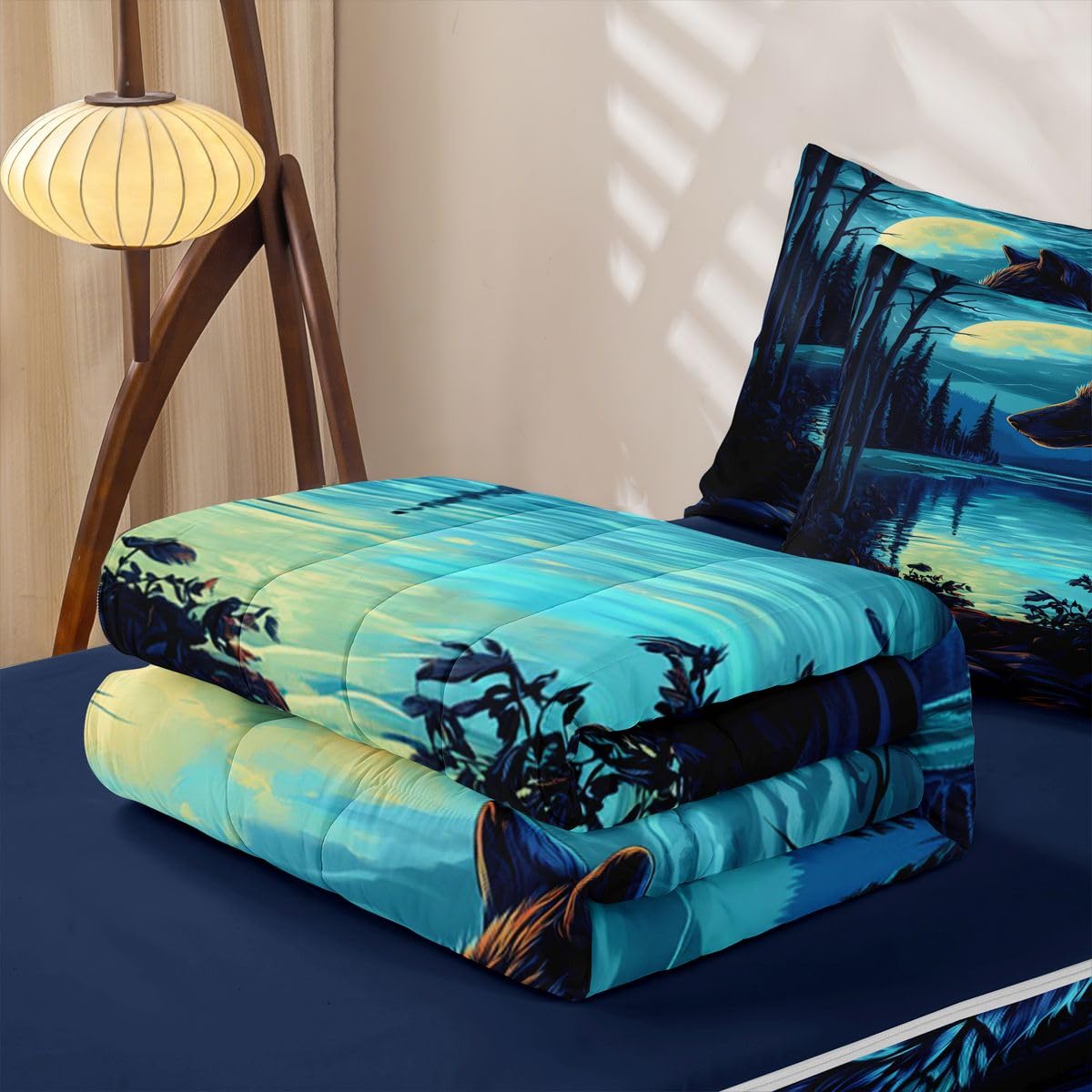 jejeloiu Wolf Moon Zipper Bedding for Kids Wolf Night Moon Twin Comforter Set with Fitted Sheet 2 Pillowcases Wildlife Bed in a Bag Soft Lightweight Microfiber