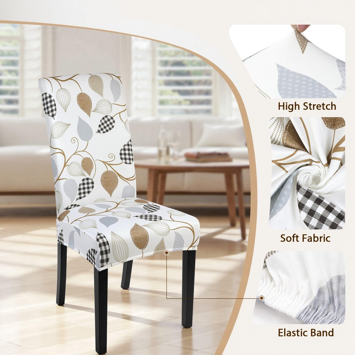 SearchI Dining Room Chair Covers Set of 4, Stretch Printed Floral Parsons Chair Slipcovers Removable Washable Kitchen Chair Protector Cover for Dining Room, Hotel, Ceremony (Checked Leaf Pattern)