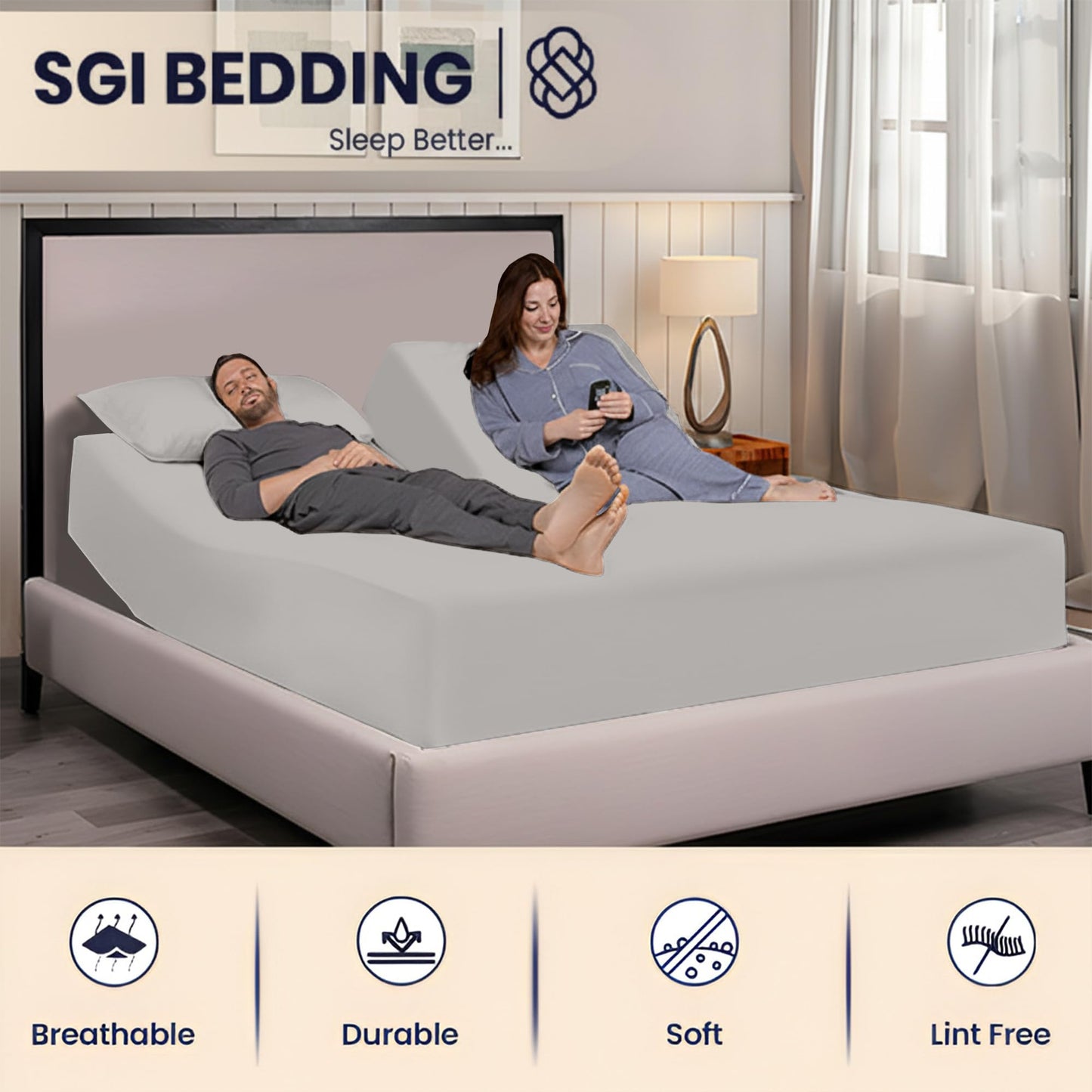 SGI bedding 32" Queen Split Top Flex Head Fitted Sheet ONLY 100% Egyptian Cotton Sheet Flex Top Fitted Sheet for Adjustable Bed 15" Deep Pocket, Sleep Number Bed - Silver