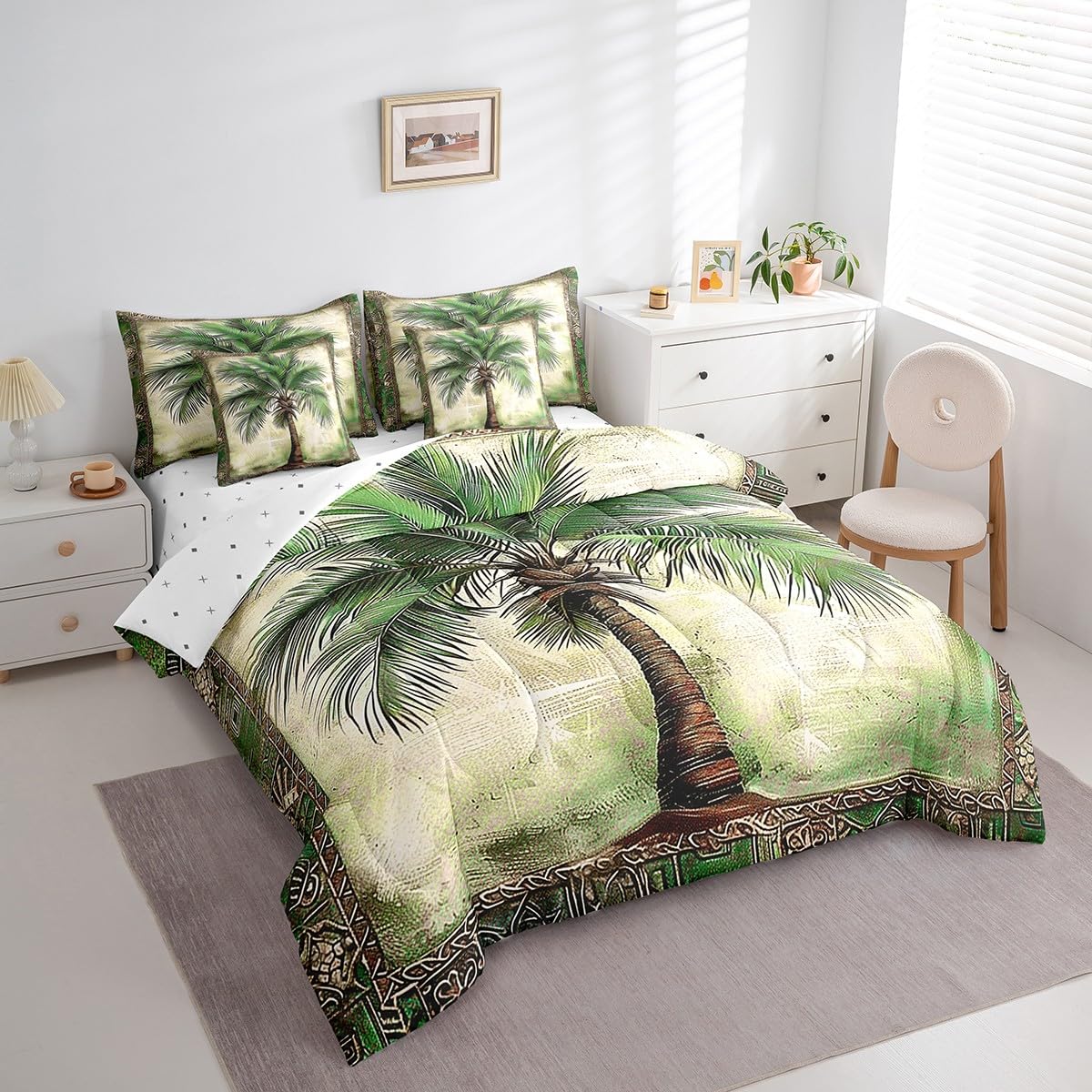 Feelyou Green Palm Tree Print 7 Pieces Bedding Set Palm Leaf Twin Comforter Set with Sheets for Boys Girls Kids Room Decor Beach Theme Bed in a Bag Hawaiian Beach Bed Set Botanical Nature Theme