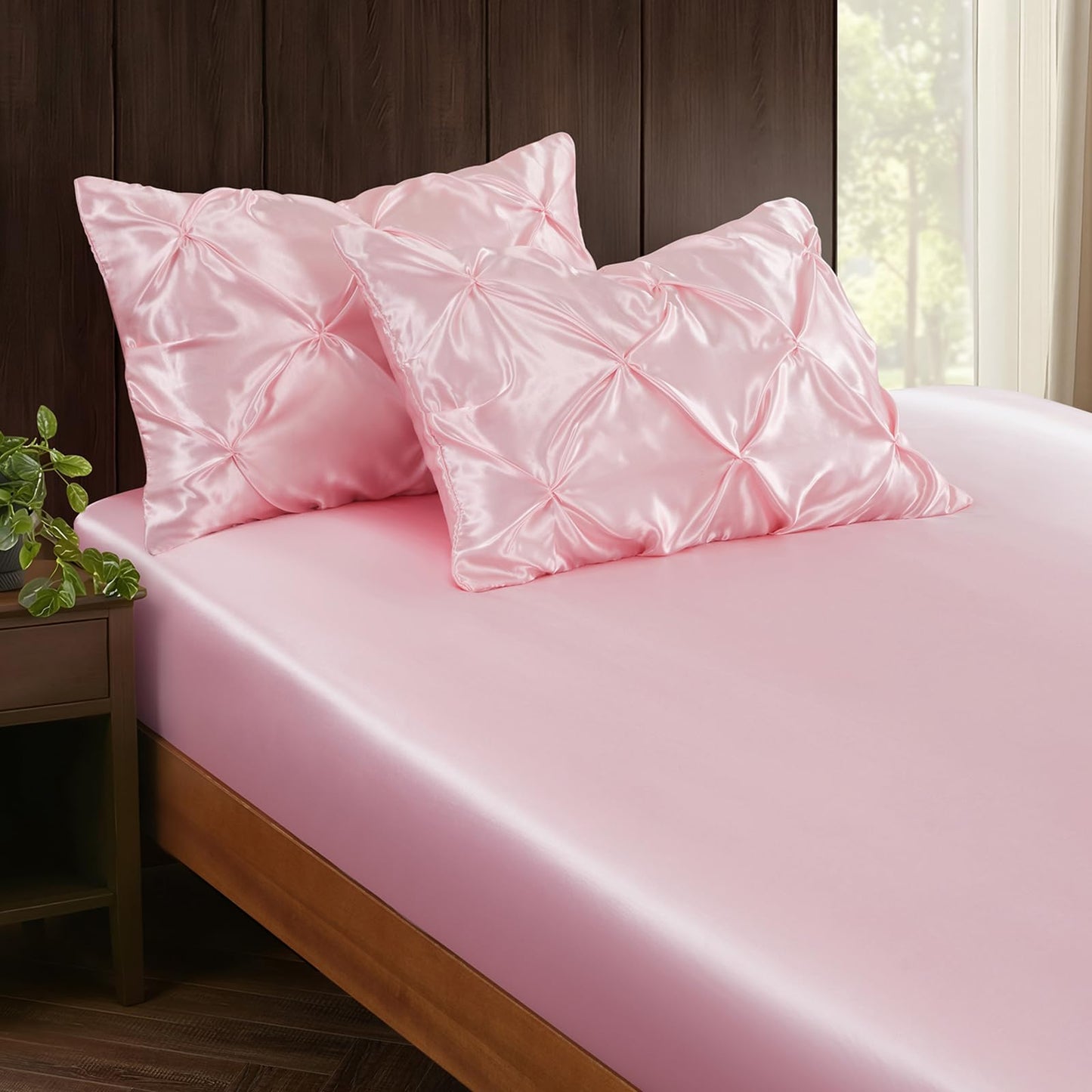 P Pothuiny 3-Piece Set Pintuck Satin Pillowcases & Twin Fitted Sheet, Blush Pink Satin Sheet Silky Soft Luxury Romantic Pinch Pleated Bedding Bedroom Dorm Decor, 15 Inch Deep Pocket
