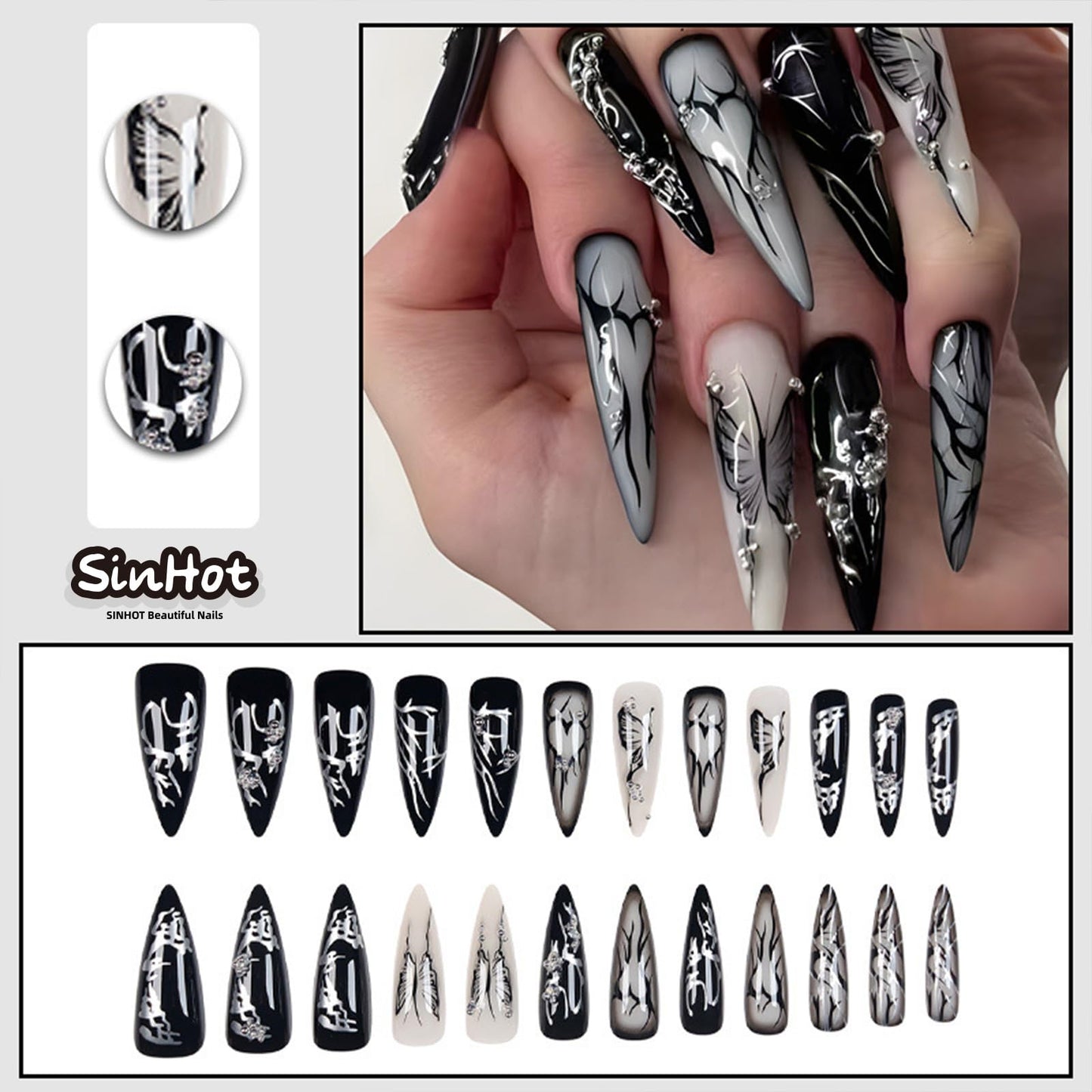 SINHOT Stiletto Press on Nails - Long Fake Nails, Glossy Finish, Black Butterfly & Gothic Style, DIY Artificial False Nail Art - 24 Pcs Nail Kit with Glue
