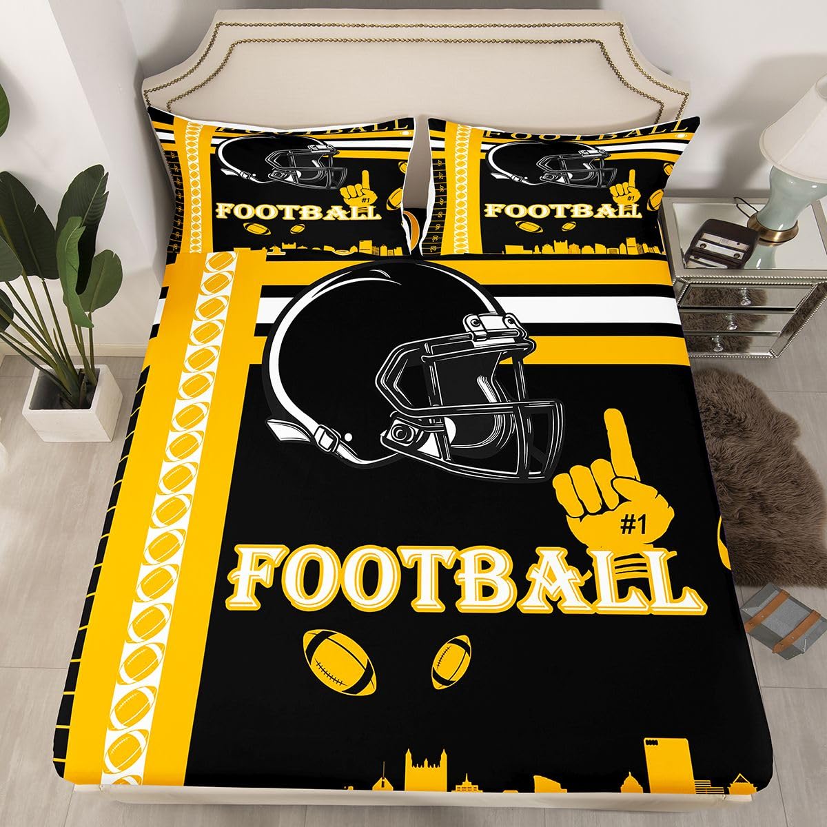 Feelyou Football Bed Sheets Set Boys Girls Full Size Rugby Sports Bedding Set Football City Fitted Sheet with 16 Inch Deep Pockets
