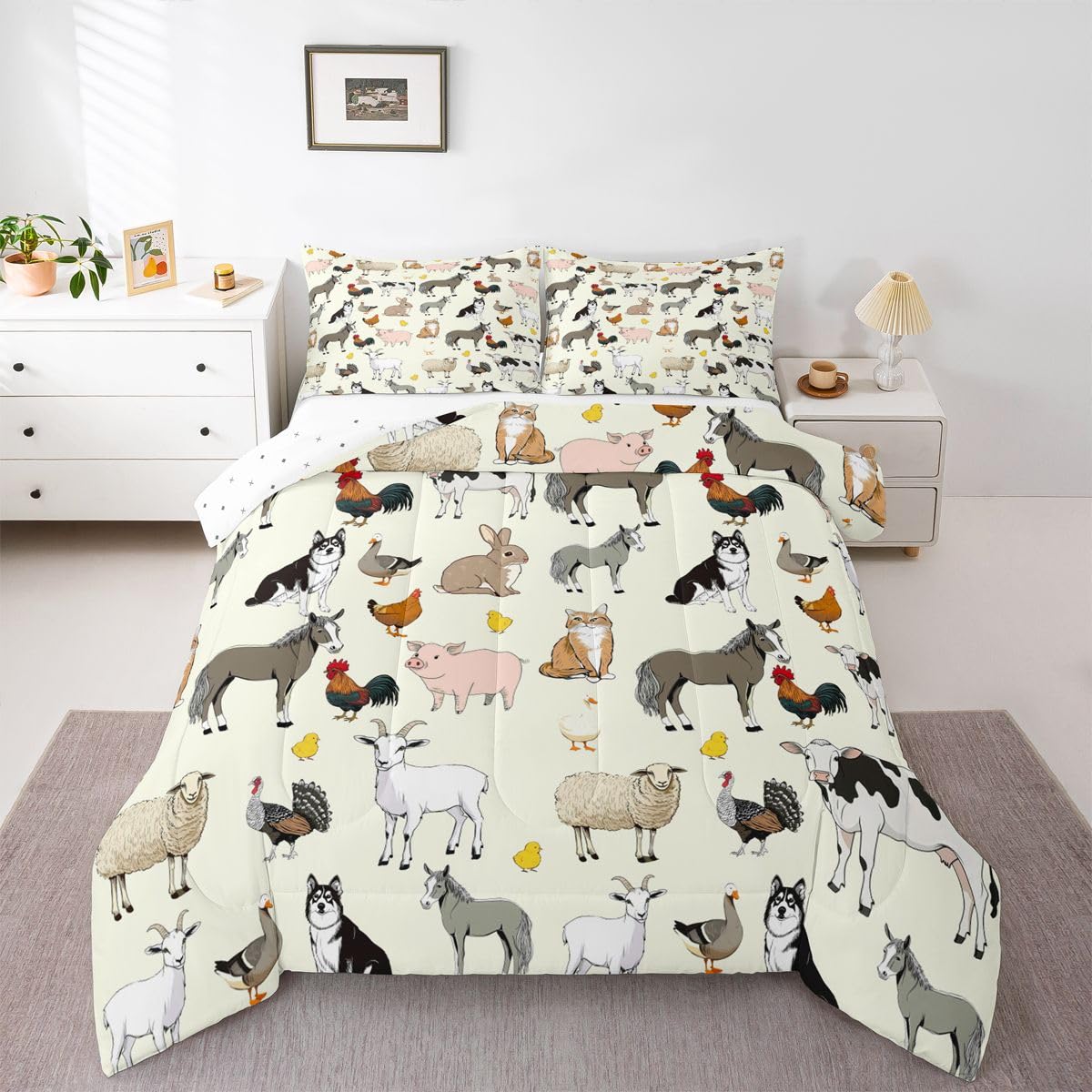 Feelyou Beige Farm Animal Comforter Set Toddler Size Cute Animal Bedding Set for Kids Boys Girls Farm Theme Duvet Quilt Cartoon Bedroom Decor 2 Pcs with 1 Pillow Cases