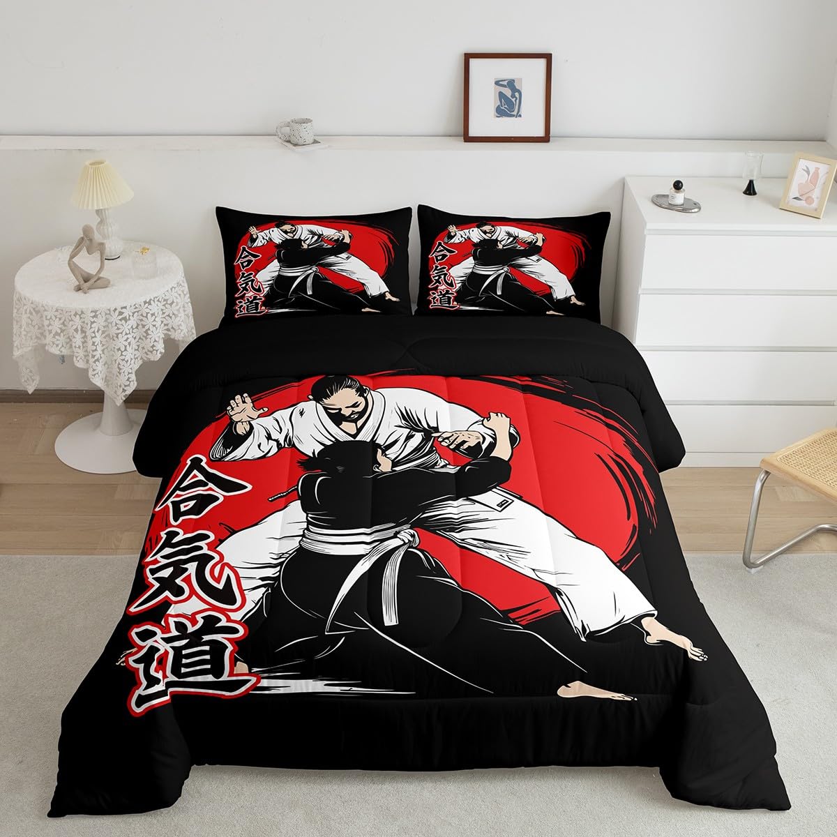 Erosebridal Japanese Comforter Set Samurai Bedding Set Karate Down Comforter for Kids Boys Japanese Culture Sunset Duvet Insert with 1 Comforter and 1 Pillow Case Twin Size Black Soft