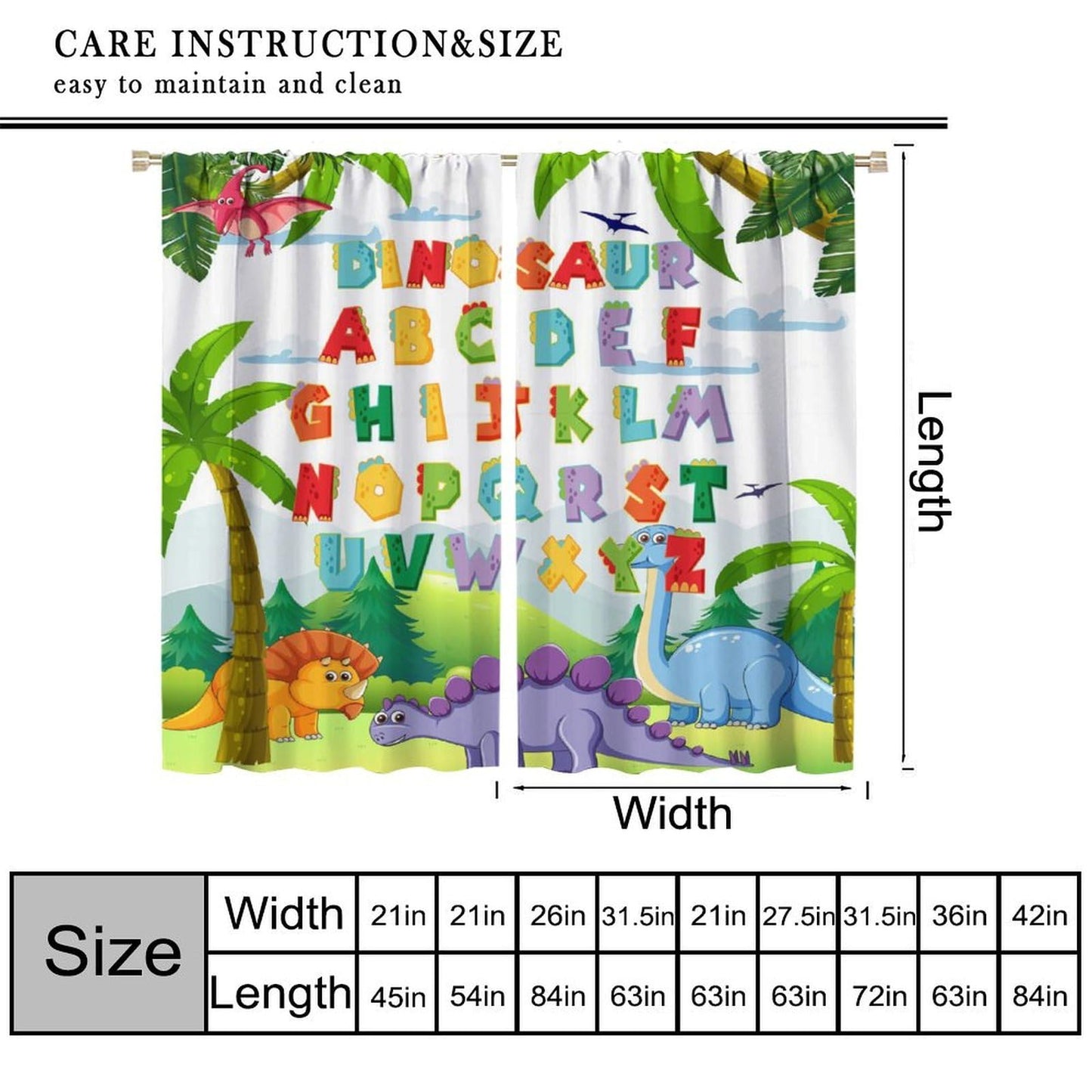 AAVEUP Dinosaur Alphabet ABC Curtains, Cartoon Jurassic Forest Plants for Educational Learning Windows Treatments Drapes for Kids Boys Nursery Children Toddler Bedroom 42x45in（No Blackout）