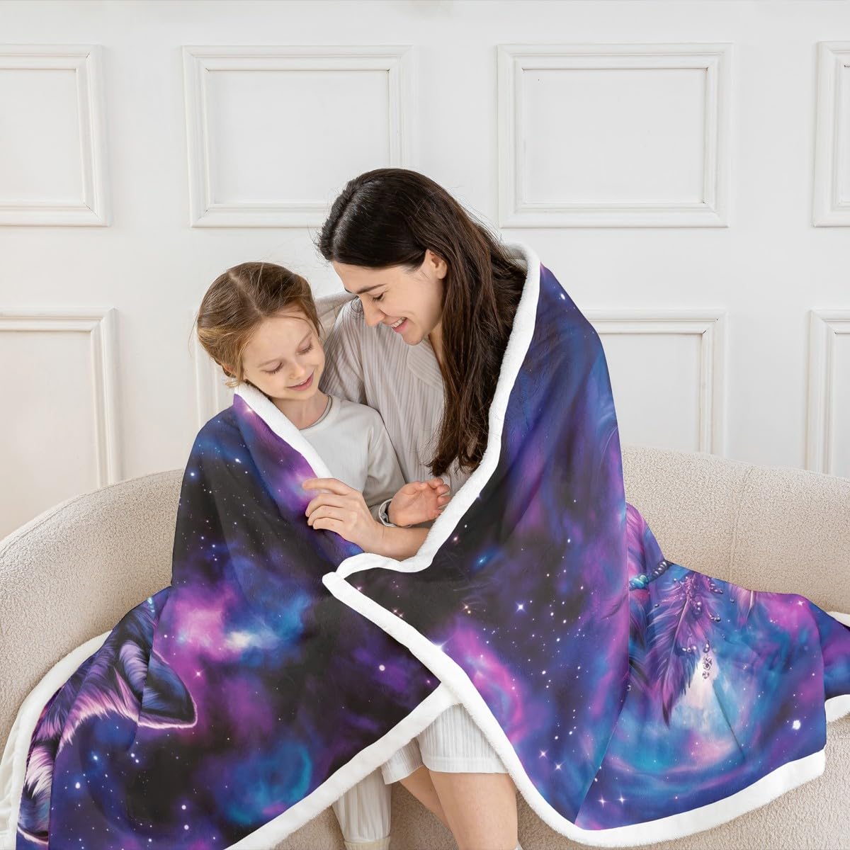Erosebridal Twin Size Wolf Fuzzy Plush Throw Tribal Animal Fleece Blanket Bohemian Feather Wildlife Sherpa Blanket for Kids Adult Women Men Starry Sky,Purple Decor for Sofa Couch Decor