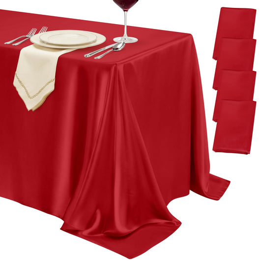 COSINIA 4 Pack Red Satin Tablecloth 58 x 102 Inches, Rectangular Satin Table Cloths for Wedding Reception, Birthday Party, Graduation & Holiday Banquet Tables