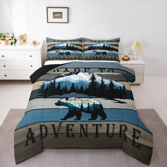 Jungle Animal Comforter Set King Hunting Bear Bedding Set for Kids Boys Girls, Vintage Rustic Farmhouse Bedding Comforters & Sets Retro Country Lodge Cabin Duvet Set, Rainbow Grunge Stripes Quilt Set