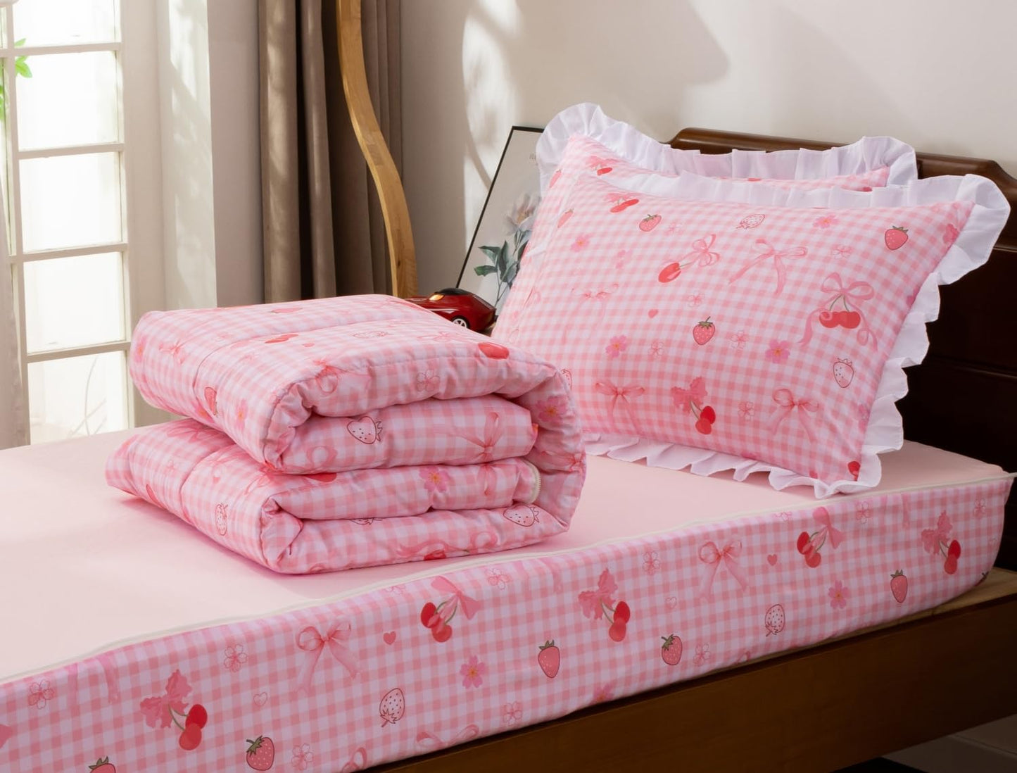 Meeting Story 3pcs Plaid Checkered Kids Comforter Sets Zipper Bedding Set for Girls,Twin Cherry Kid Bedding Set Strawberry Comforter Bedding for Kid, Bed in a Bag（DarkPink,Twin）