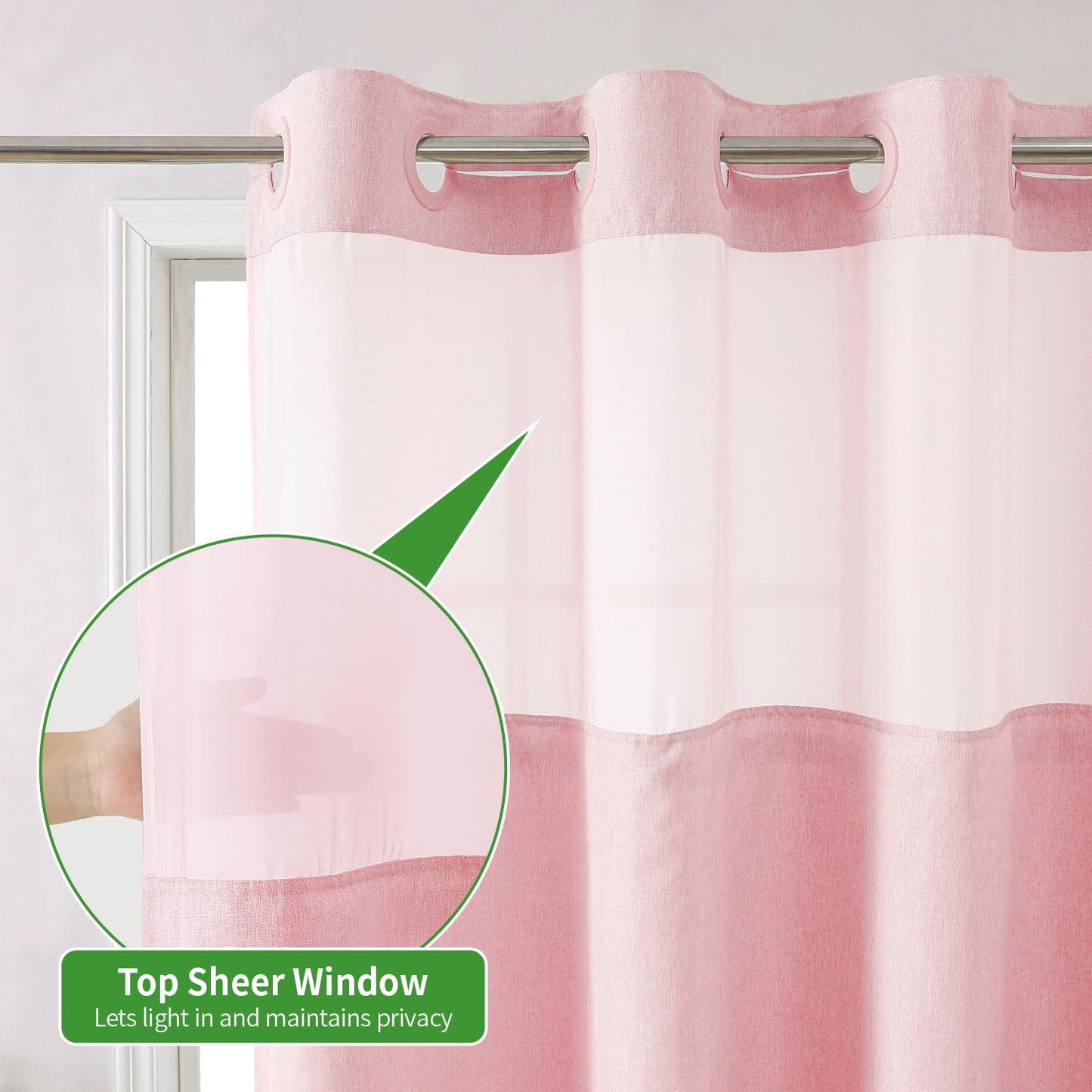 eachope Long No Hooks Needed Linen Textured Shower Curtain with Snap-in Fabric Liner Set,Hotel Luxury Decor Shower Curtains for Bathroom,Waterproof & Washable,71Wx80H,Pink
