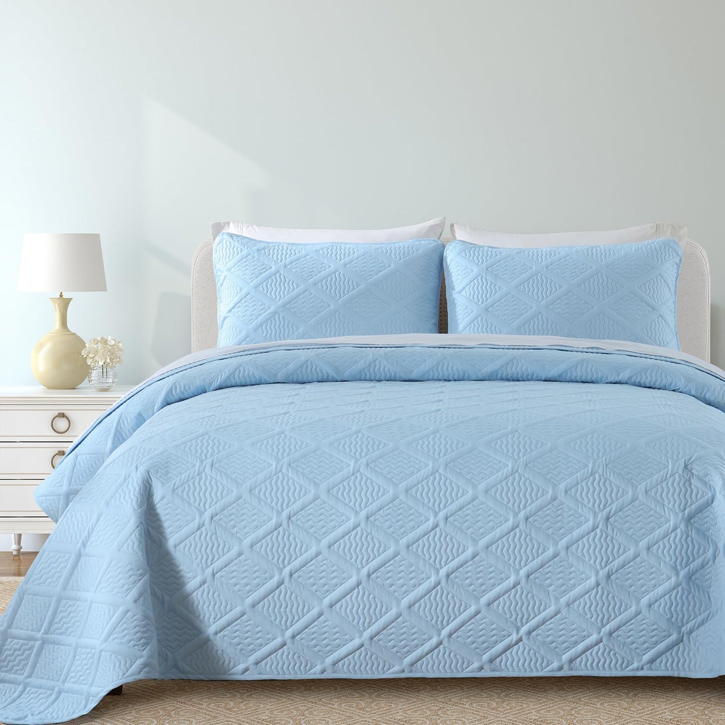 Yiran Ash Blue Quilt Set King Size, 3 Piece Reversible Bedspreads Bedding Set, Fall Diamond Pattern Coverlet for All Season with 2 Pillow Shams (King, 106x96 Inch)