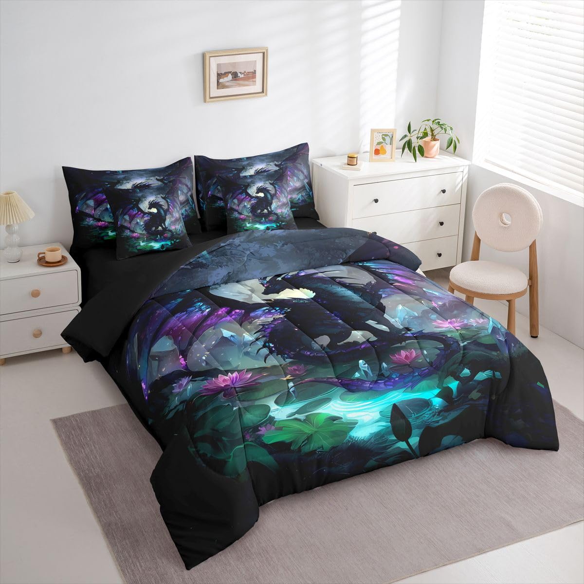 Feelyou Dragon Comforter Set with Sheets 7 Piece Twin Size Dragon Stuff Bedding Set for Kids Boys Girls Wild Life Bed in a Bag Magic Wildlife Room Decor Black Purplish Soft Lightweight Microfiber