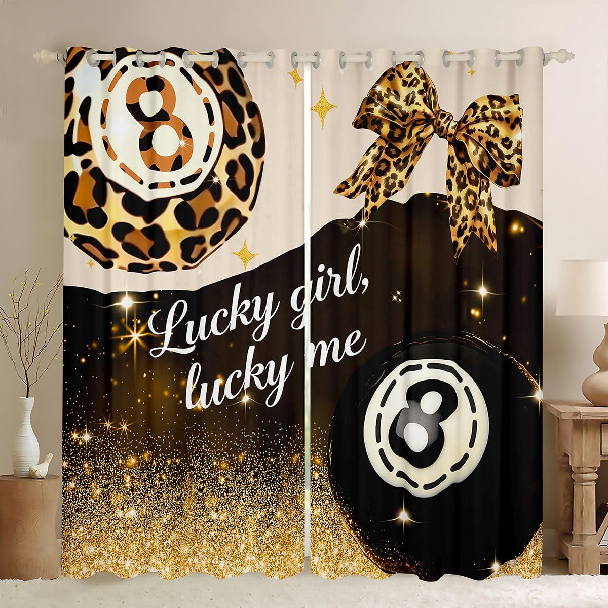 Erosebridal Y2K Lucky 8 Ball Window Drapes Fashion Leopard Bowknot Blackout Curtains 42" Wx63 L Golden Glitter Print Curtains for Bedroom,Funky Trendy Aesthetic Preppy Window Treatments 2 Panels