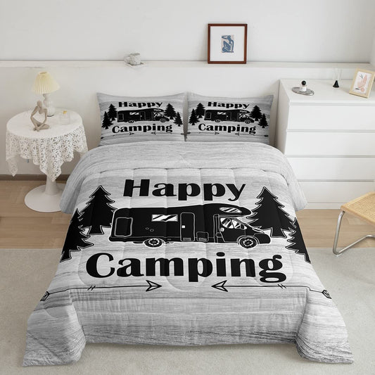 Erosebridal Camper Bedding Comforter Sets,Happy Camping Bedding Sets King Vintage Woodland Silhouette Duvet Insert RV Decoration Quilt Bedding Set,Farmhouse Bedroom Decor 3Pcs Breathable Luxury