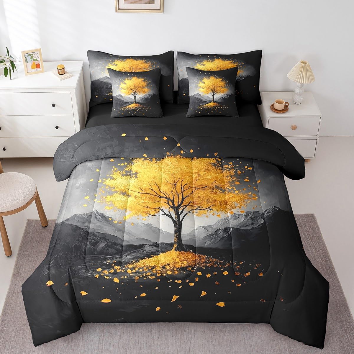 Gold Tree Branches Pattern 7 Pieces Bedding Set Twin Size Kids Leaf Branches Bed in a Bag with Comforter, Sheets, Pillowcases Smoky Mountain Bed Set Breathable Botanical Room Comforter Set with Sheets