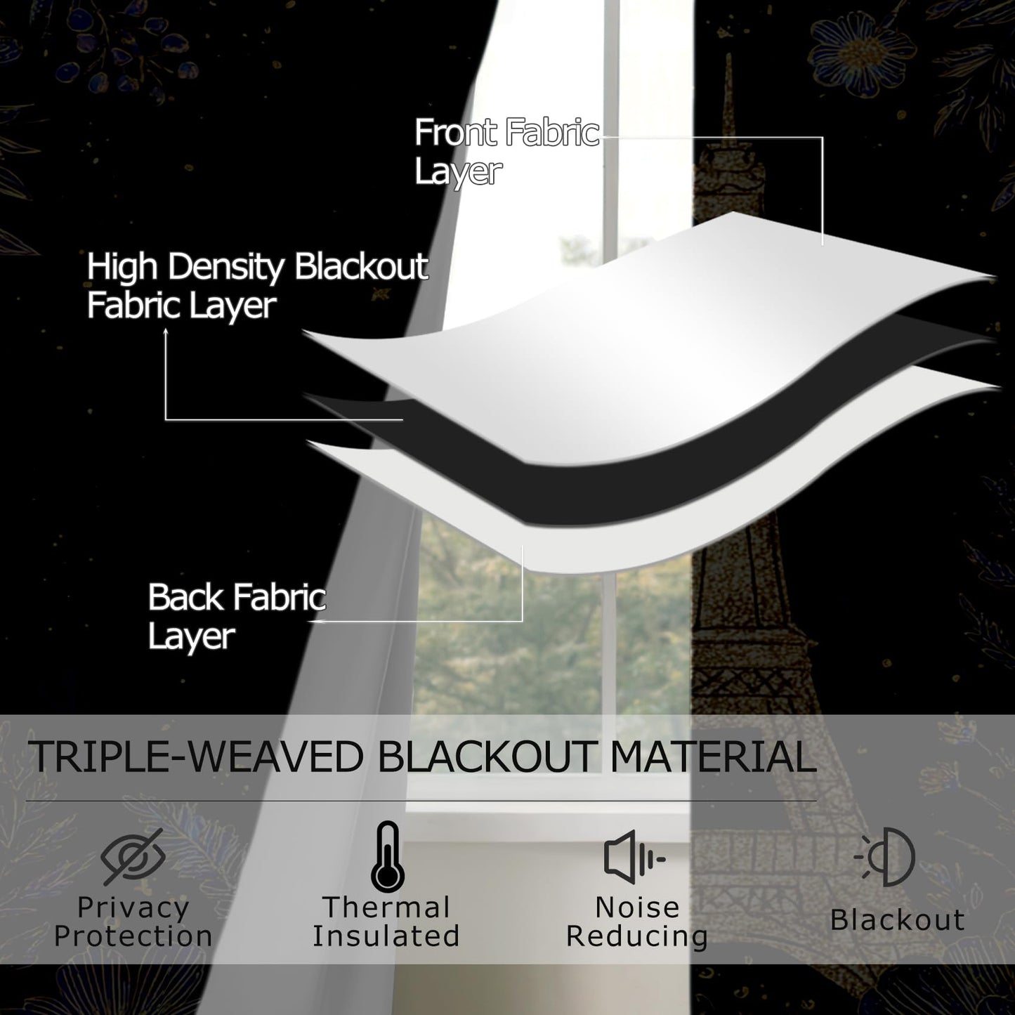 Solvivae Eiffel Tower Curtains 63 Inch Length, Paris Eiffel Tower Floral Blackout Curtains for Bedroom Living Room, Room Darkening Thermal Insulated Grommet Drapes, Patterned Window Treatments