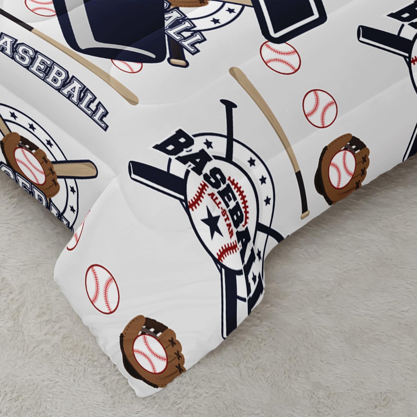 QOOMO 3Pcs Baseball Comforter Set Twin,Sports Bedding Set for Teens Boys Girls,Ball Printed Comforter with 2 Pillowcases,Down Alternative,Soft and Lightweight