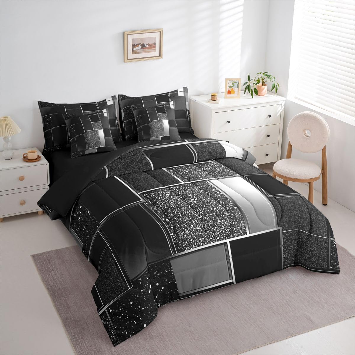 Feelyou Geometric Black Comforter Set with Sheets 7 Piece Full Size Modern Abstract Bed in a Bag Kids Boys Girls Metallic Print Geometric Bedding Set Bedroom Decor Breathable