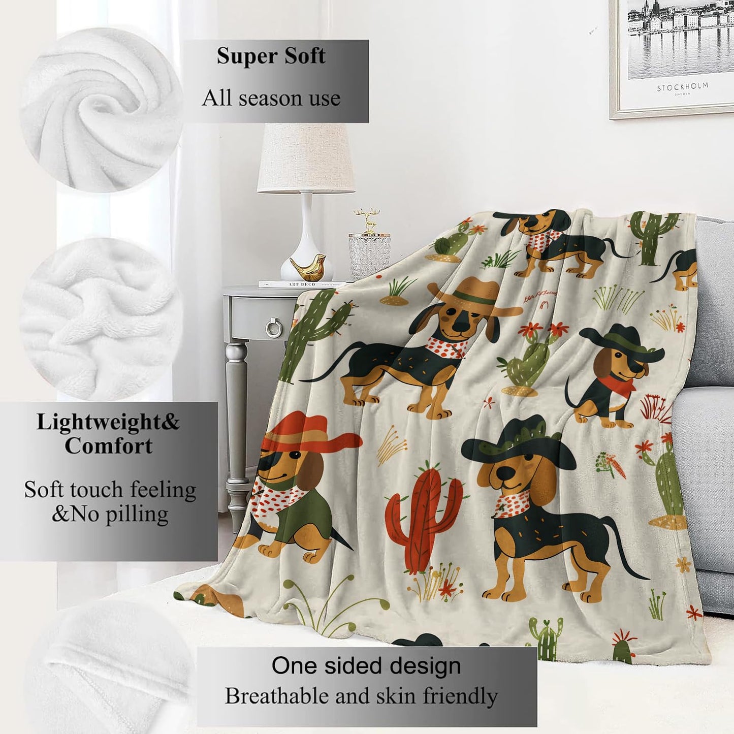 VODRM Cowboy Dachshund Blanket Retro Cute Western and Cactus Throw Blankets,Birthday Gifts for Kids Adult & Dog Lovers,Lightweight Soft Fleece Cozy for Sofa Couch Bed Room Boho Decor 50x60in