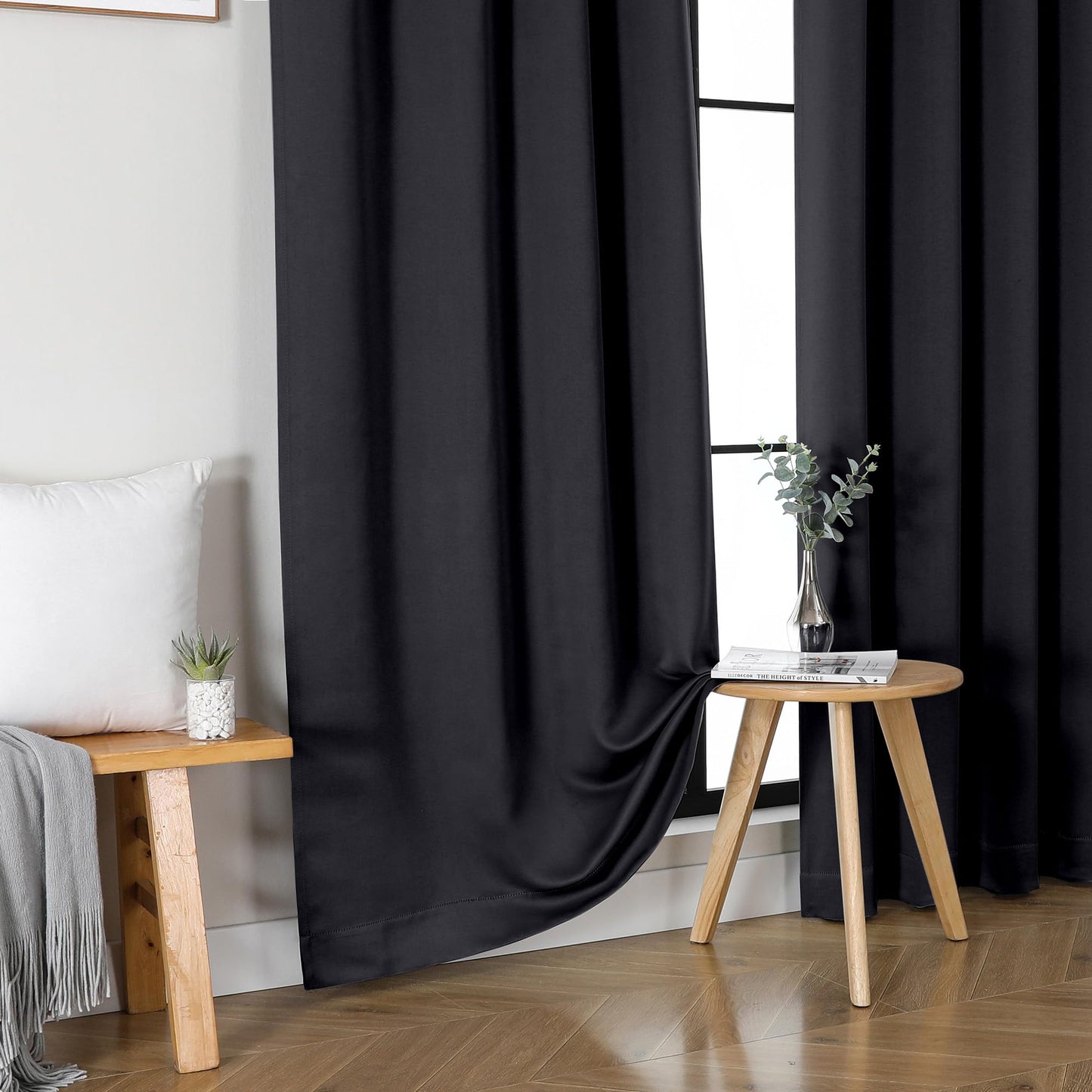 OWENIE Sally Blackout Curtains 84 Inches Long 2 Panels Set for Bedroom Living Room, Solid Thermal Insulated Privacy Room Darkening Window Treatment Drapes, 2 Pcs Each W40 x L84 Inch, Black