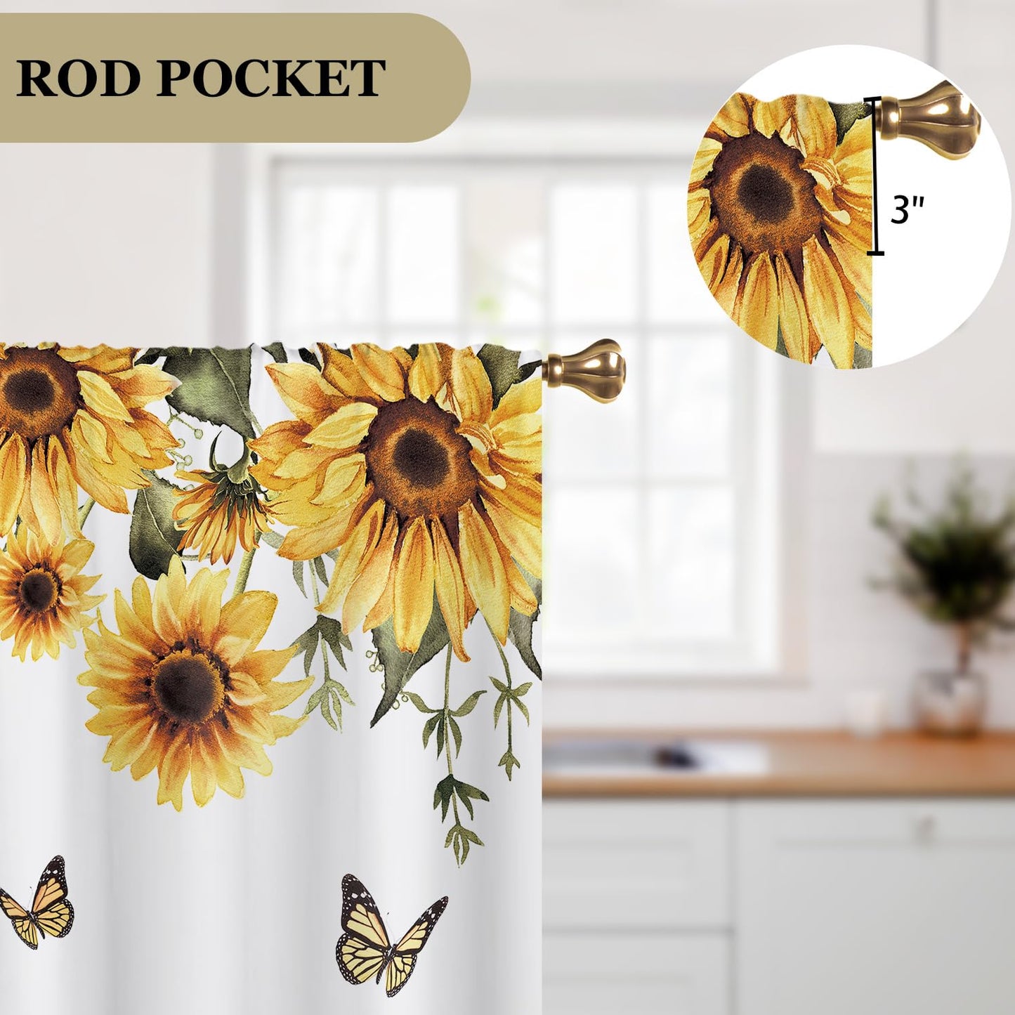 Cizuug Sunflower Yellow Floral Kitchen Curtain Rustic Country Flower Butterfly Farmhouse Over Sink Small Short Cafe Tier Bright Window Drapes Bathroom Home Decor 2 Panels