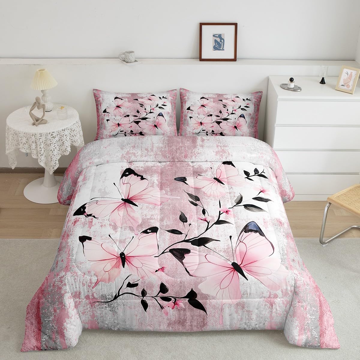 Erosebridal Abstract Oil Painting Queen Comforter Set Rustic Farmhouse Bedding Set Watercolor Butterfly Bed Set Ombre Pink Butterflies Quilt Set for Women Girls Adults