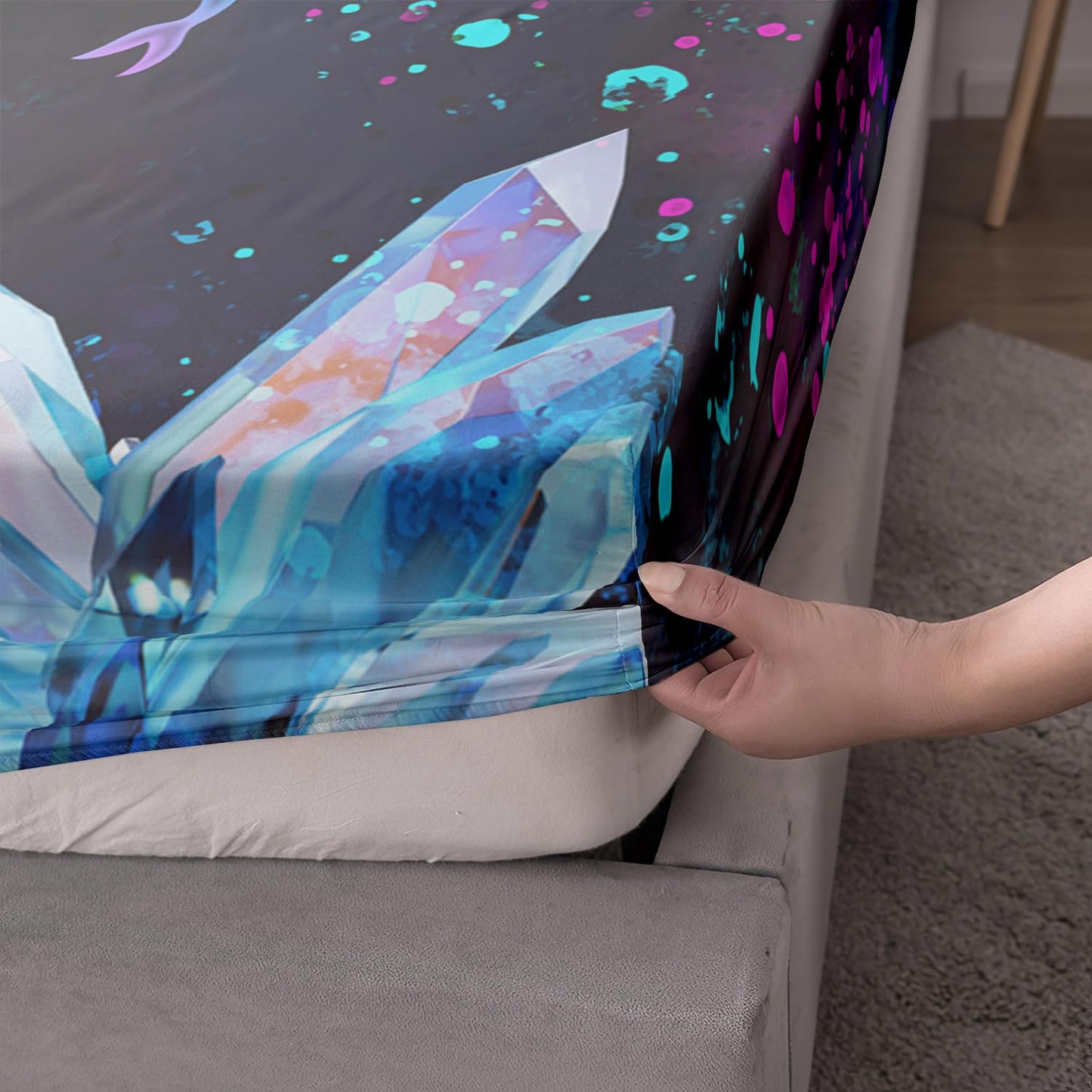 HOSIMA Dreamy Marine Life Sea Animal Bedding Colored Ink Fitted Sheet,Deep Sea Treasure Crystals Jellyfish Twin Bed in a Bag Set for Adults Kids,Ocean Beach Theme Bedding 3 Piece.