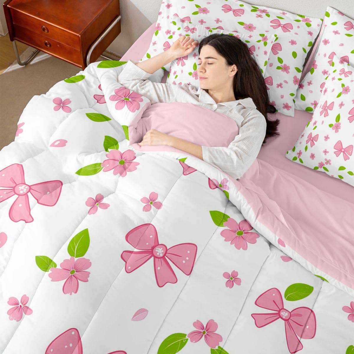 Erosebridal Pink Bow Knot Comforter Set Cherry Blossoms Bed in A Bag Queen Size 7 Pieces Pink Bow Tie Bed Set Room Decor Dreamy Kawaii Japanese Bedding with Sheets