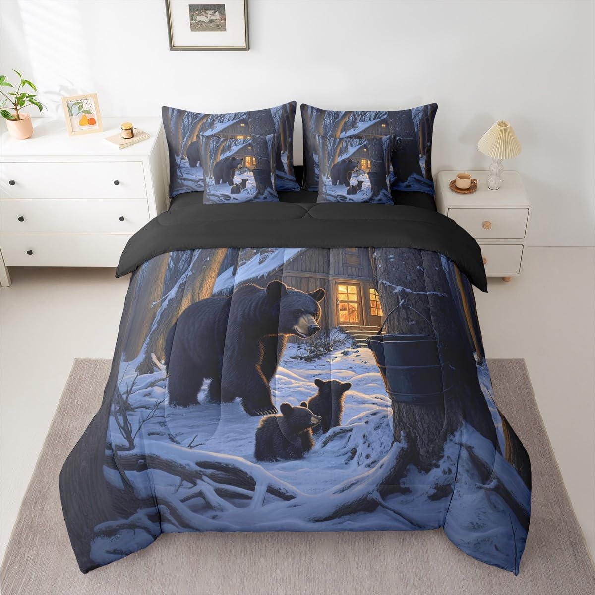 Erosebridal Black Bears 7 Piece Bedding Set Twin Cabin Comforter Set with Sheets Barrel Snow Woodland Trees Lights Bed in a Bag Winter Theme Wildlife Black for Kids Boys Girls
