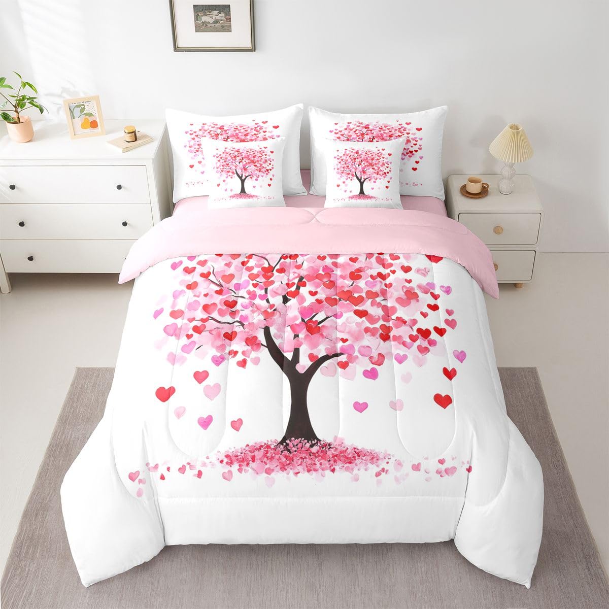 Erosebridal Pink Love Comforter Sets with Sheets - Valentine Tree with Hearts Bedding Set Full for Boys Girls Romantic Couple 7Pcs Bed in A Bag Housewarming Gifts Bed Set