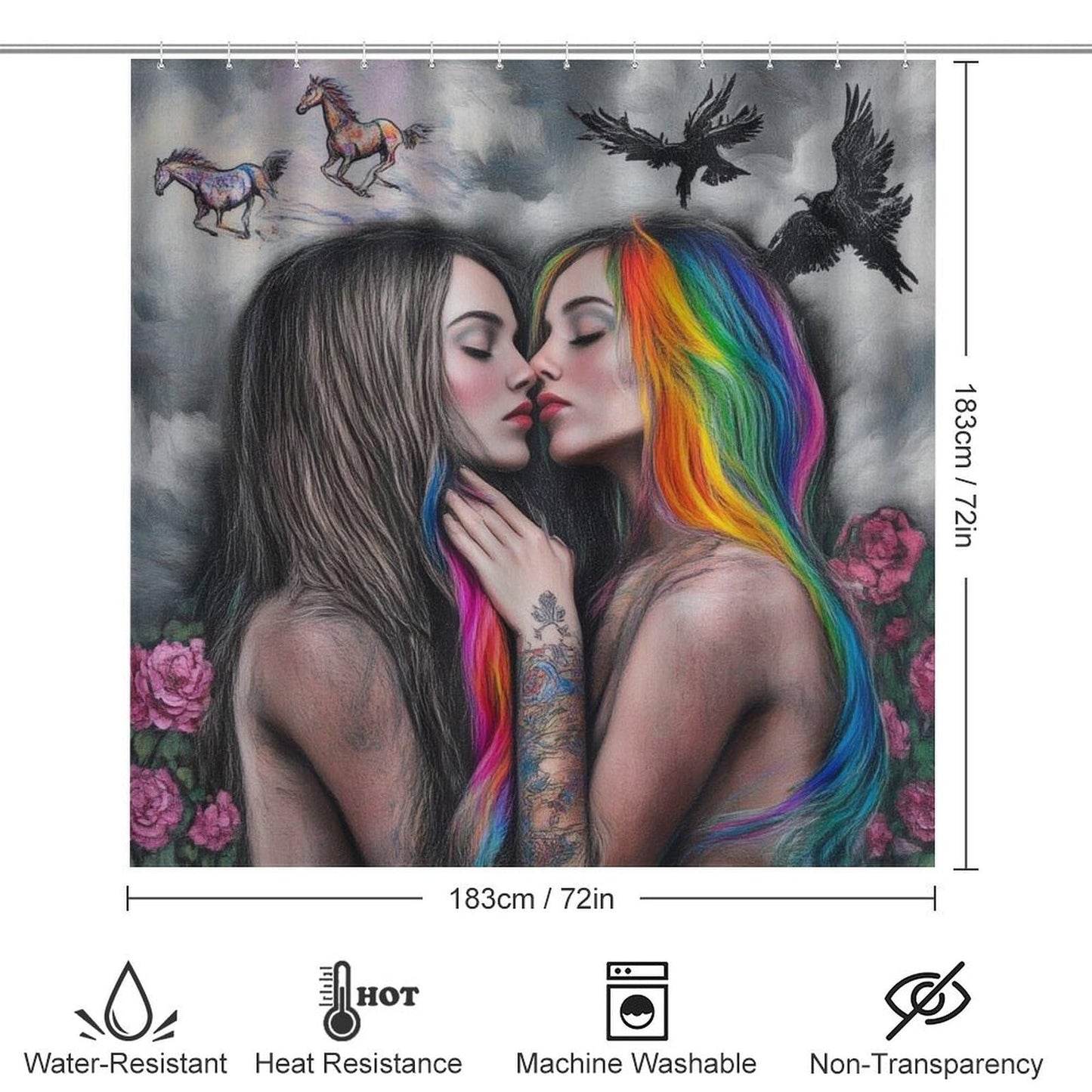 Supdreamc 4 Pc Goth Gothic Girl Lace Love LGBT Lesbian Pride Shower Curtains + Tub Shower Bath Rug Set, Water Repellent Shower Stall Curtain Absorbent Shaggy Rugs