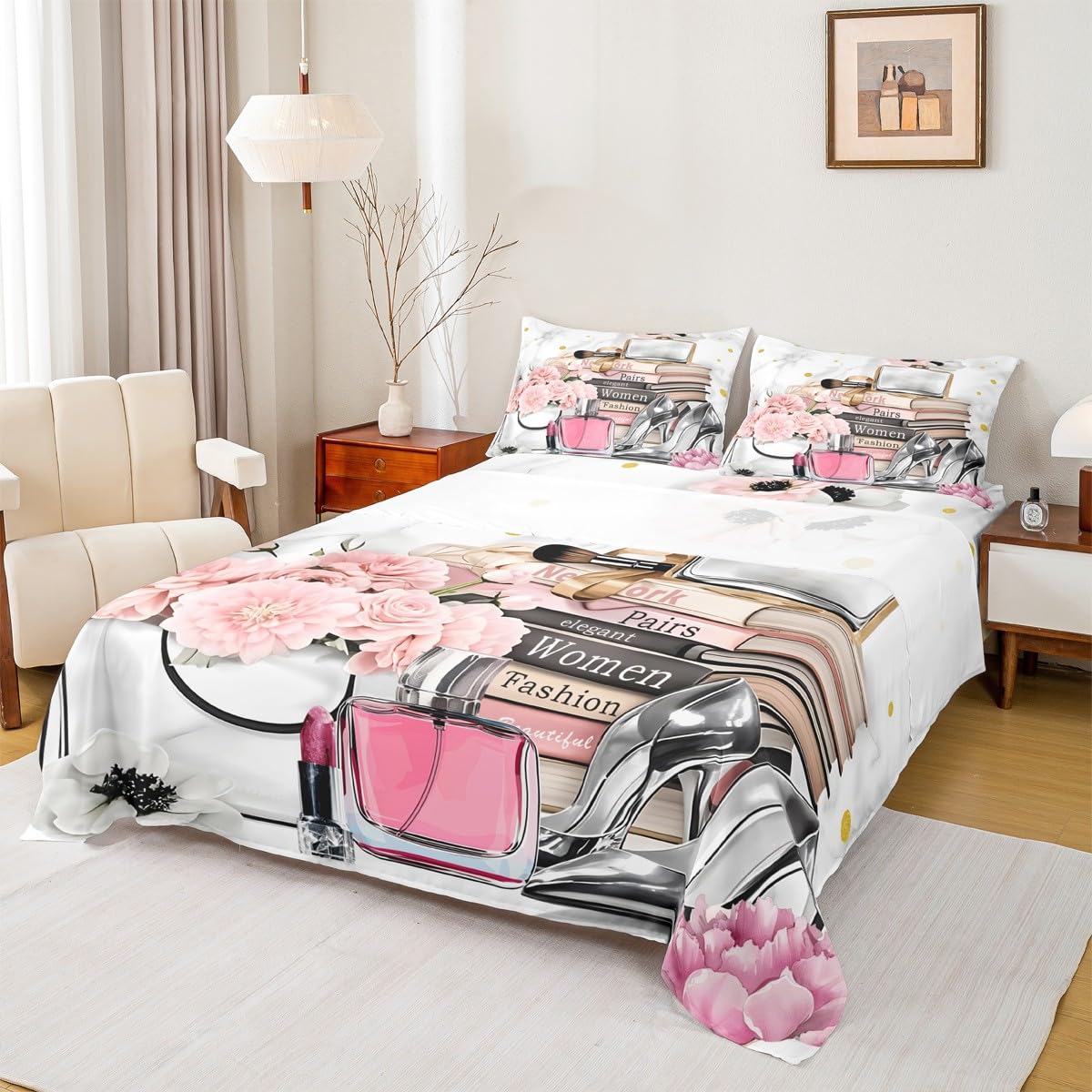 Erosebridal Fashion Pink Sheet Set King Size Flower Perfume Girly Bed Sheets for Girls Women White Gray Gold Marble Sheets High Heels Magazine Books Bedding Set