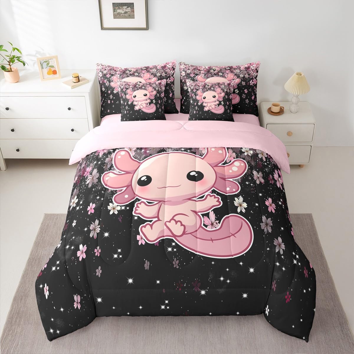 Pink Axolotl Queen Comforter Set Romantic Cherry Blossom Bed in a Bag with Flat and Fitted Sheet for Kids Girls Teens 7-Piece Bedding Set Girly Kawaii Animal Quilt Duvet SetsCartoon Axolotl