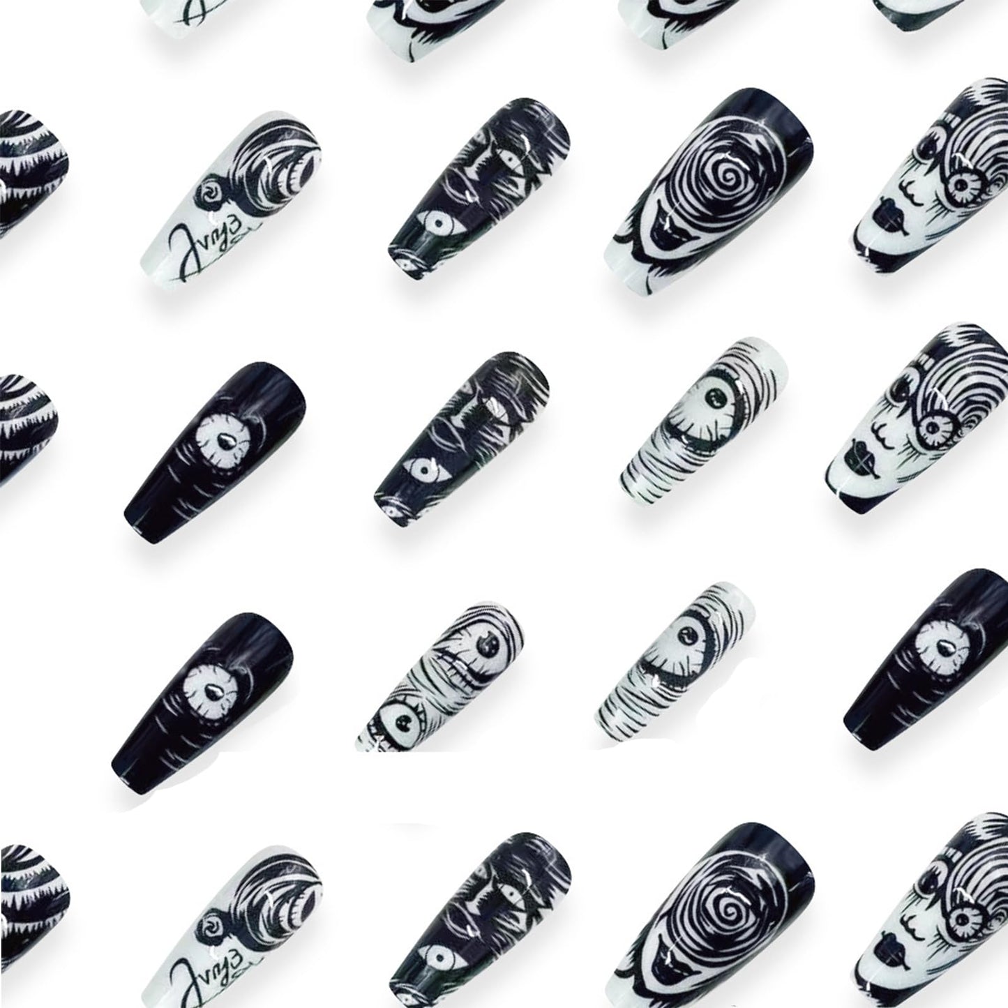 IMSOHOT Press on Nails Long Coffin Fake Nails Black White Artificial Glue on Nails Full Cover Glossy Stick on False Nails for Women Girls 24Pcs