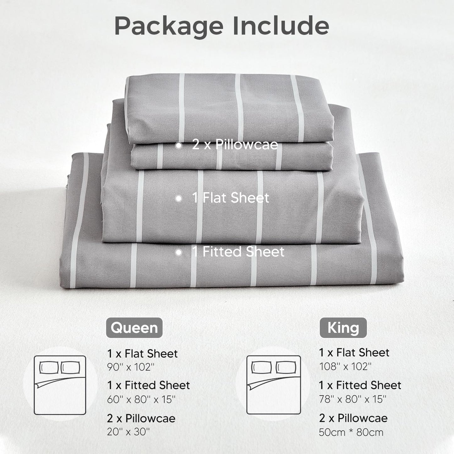 Tokokimo Gray Stripe Sheets Set King Size, 16 inches Deep Pocket Fitted Sheet, Flat Sheet & Envelope Closure Pillowcases, Soft Breathable Microfiber Sheet Set 4-Piece, Gray and White
