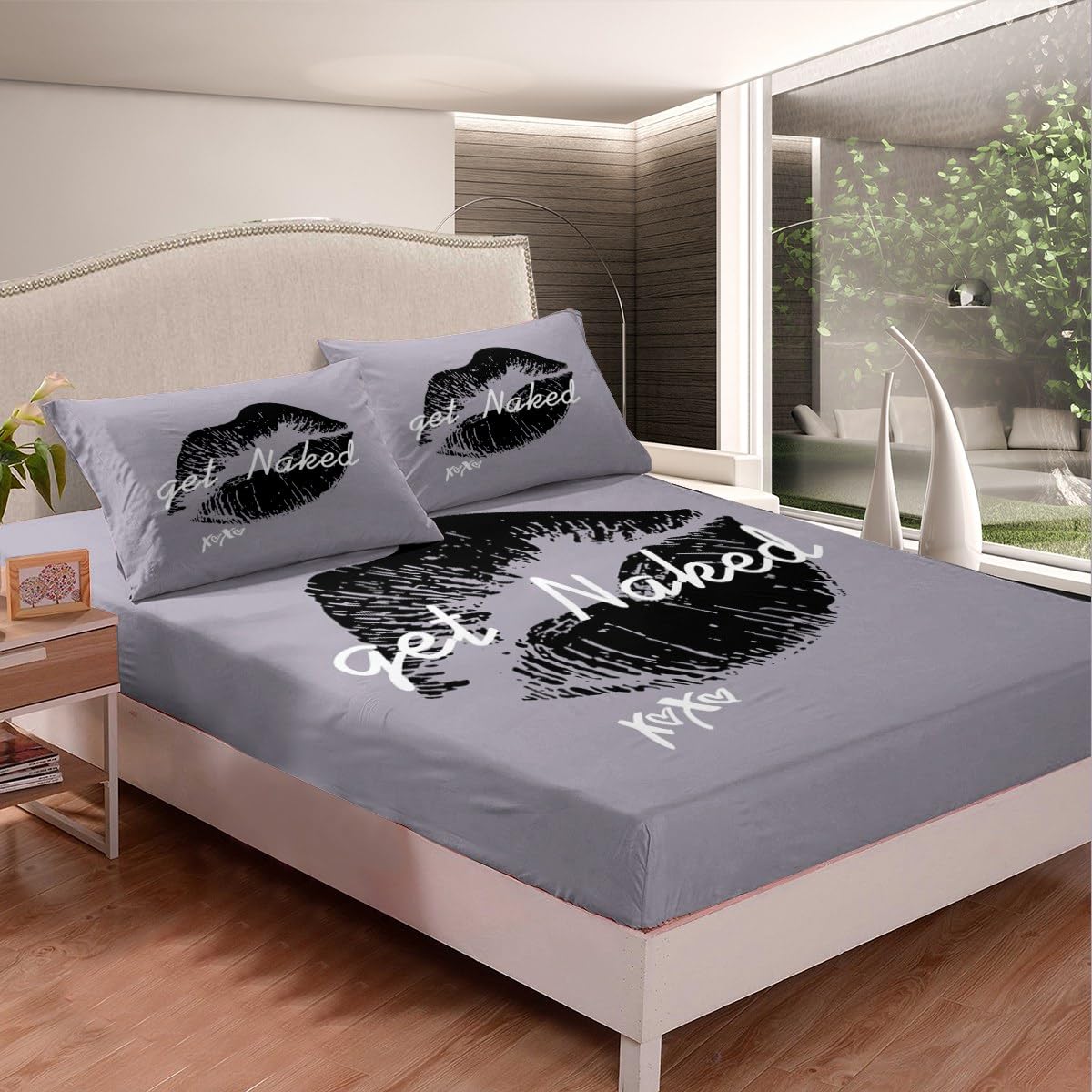 Get Naked Bedding Set Funny Quotes Kiss Fitted Sheet & Pillow Sham Set Sexy Feminine Lips Print Art Bed Sheet Set for Men Women Couple Lover Grey White Bed Cover No Flat Sheet Room Decor Full Size